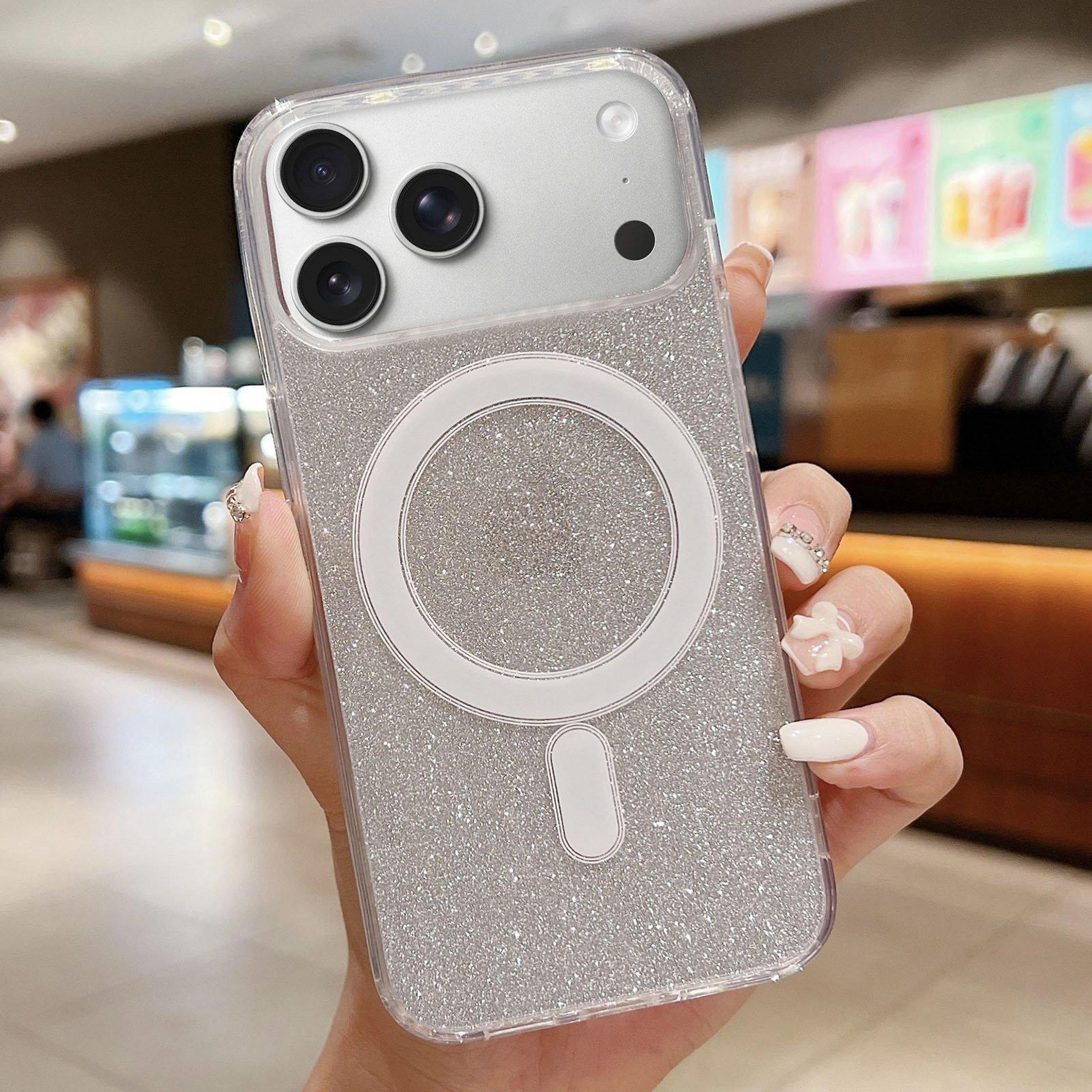 clear glitter iphone 17 pro magsafe case with acrylic back & shockproof tpu frame