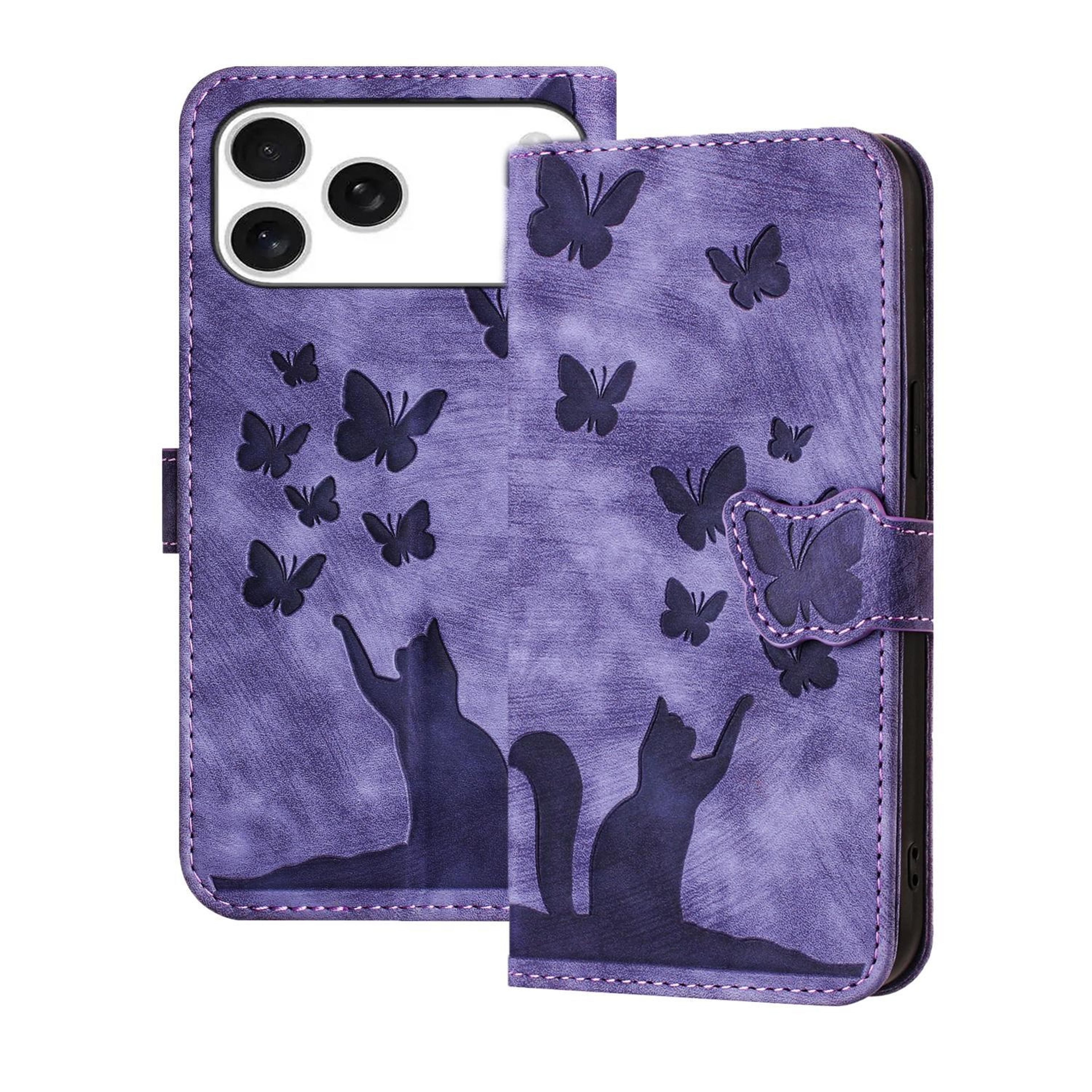 butterfly cat embossed iphone 17 pro max wallet case with kickstand & wrist strap leather phone case