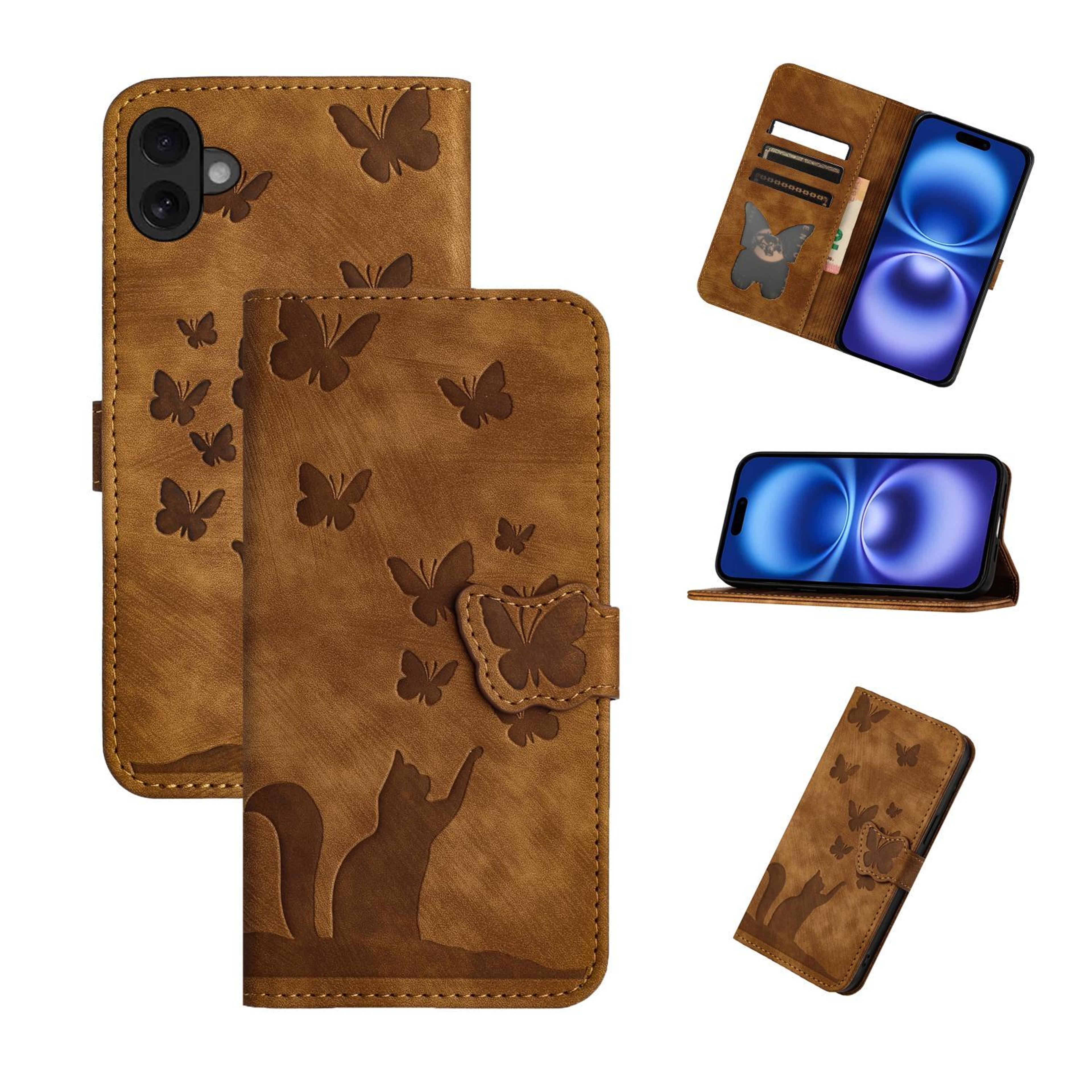 butterfly cat embossed iphone 17 wallet case with leather flip cover, card holder & kickstand