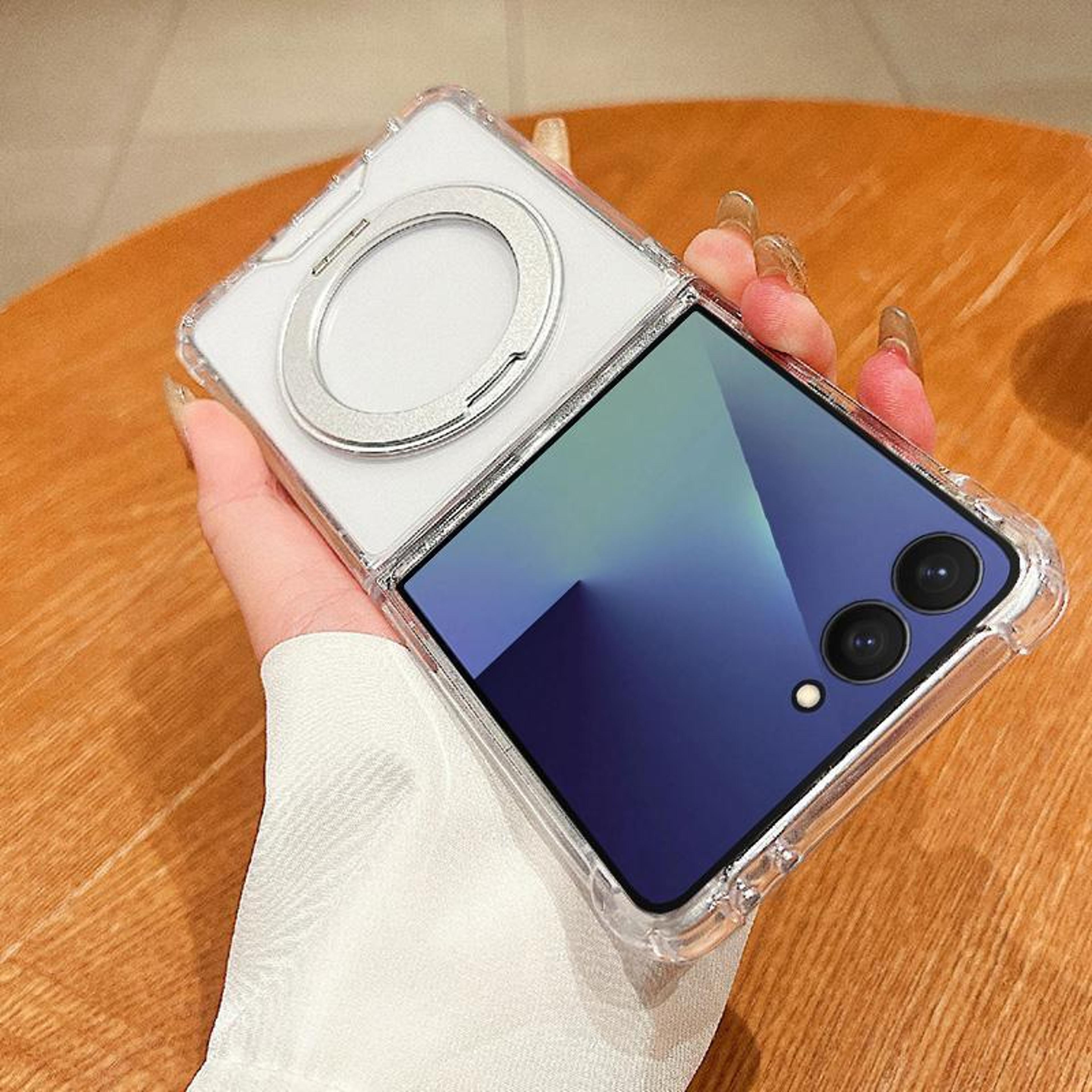samsung galaxy z flip7 magnetic clear case with 360 rotating stand and shockproof corners