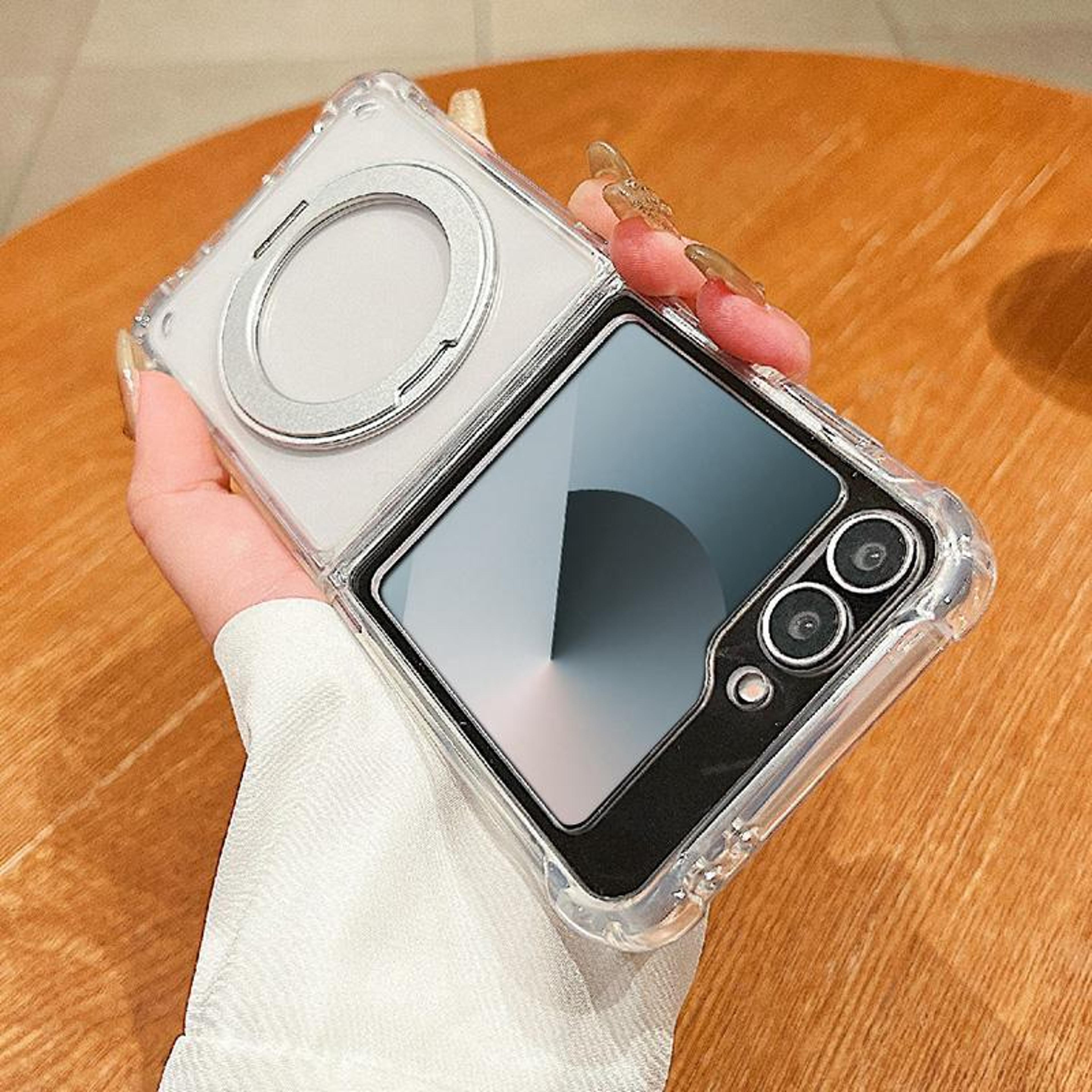 galaxy z flip6 clear magnetic shockproof case with 360 rotating ring holder