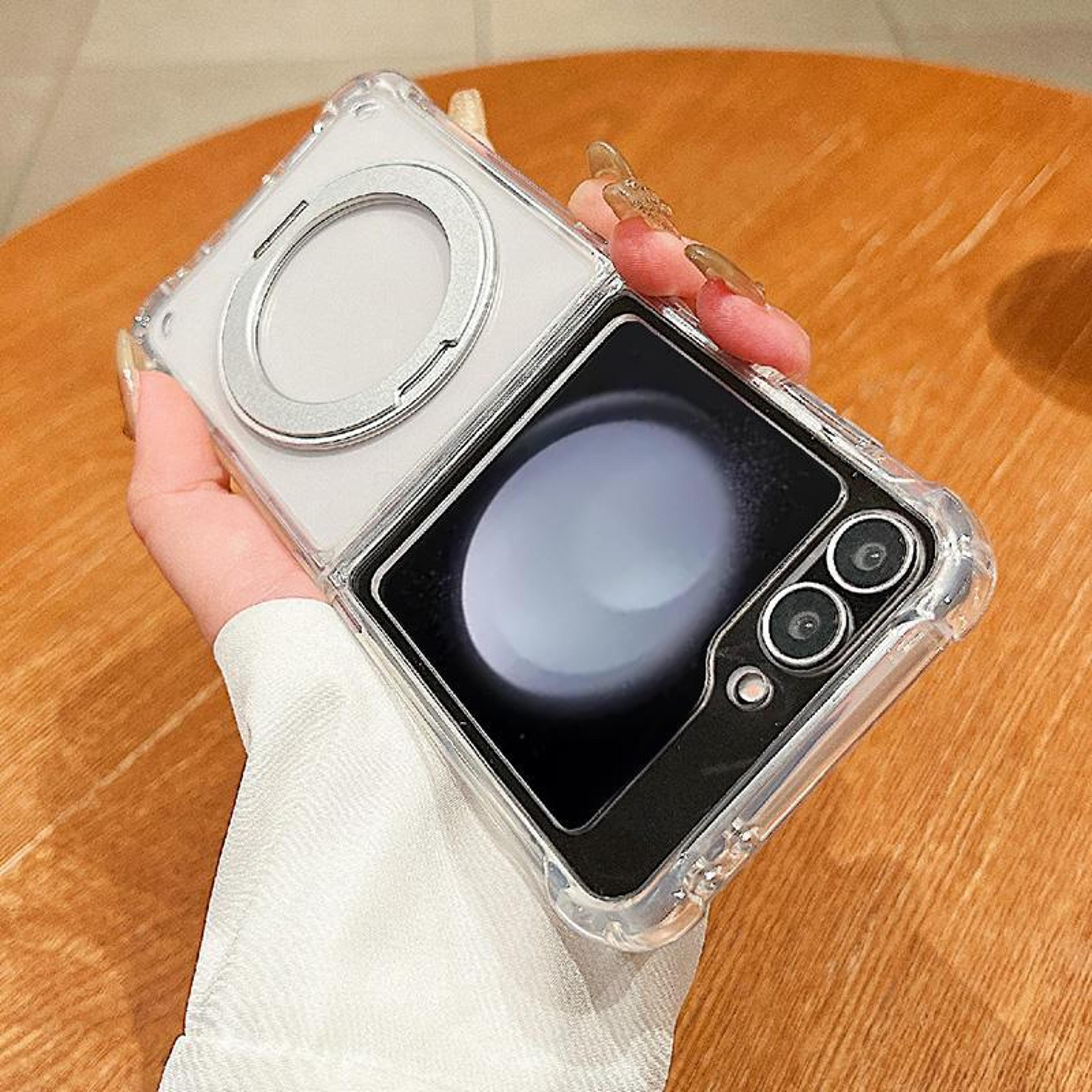 samsung galaxy z flip5 clear magnetic shockproof case with 360 rotating ring holder