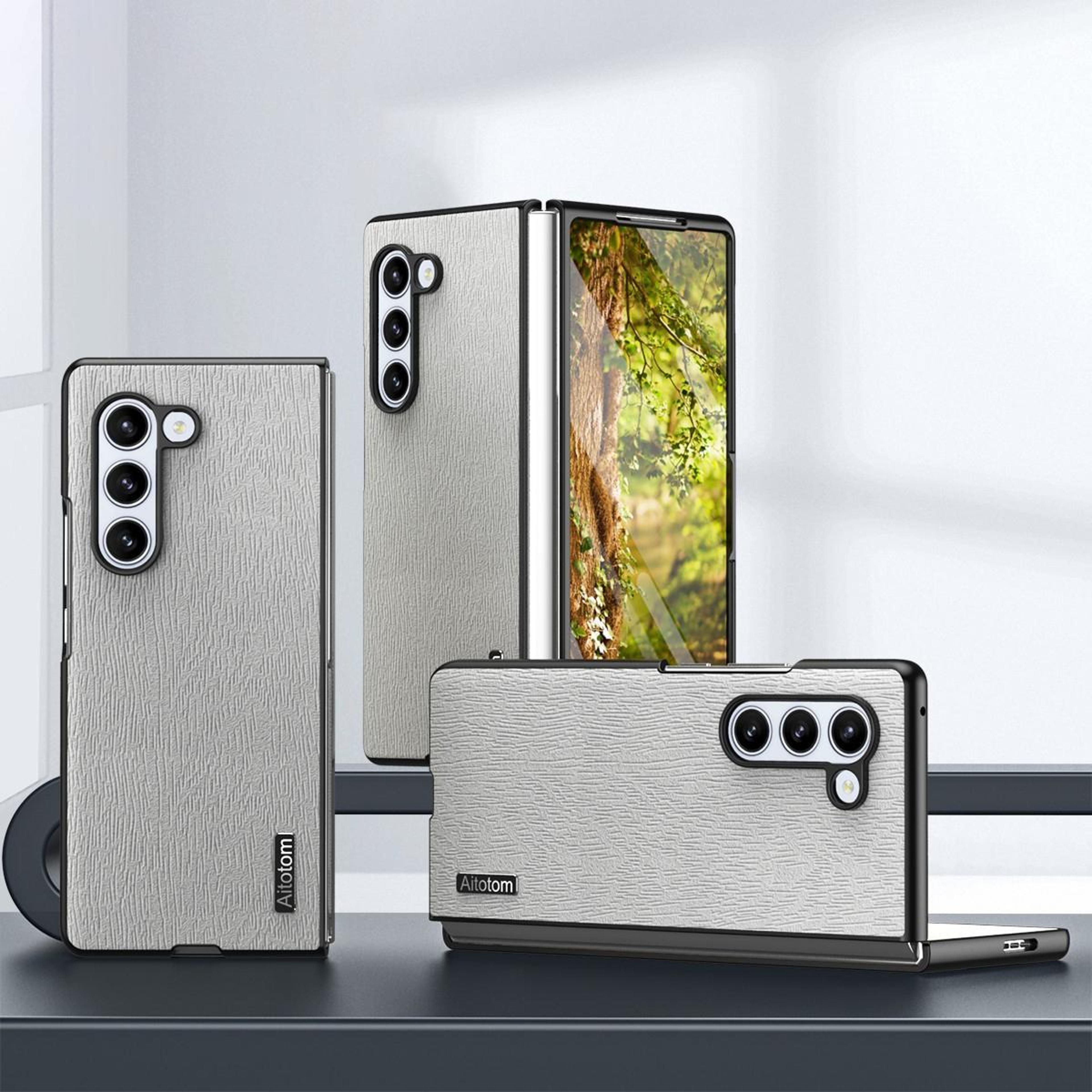 samsung galaxy z fold6 leather shockproof case with tree bark texture