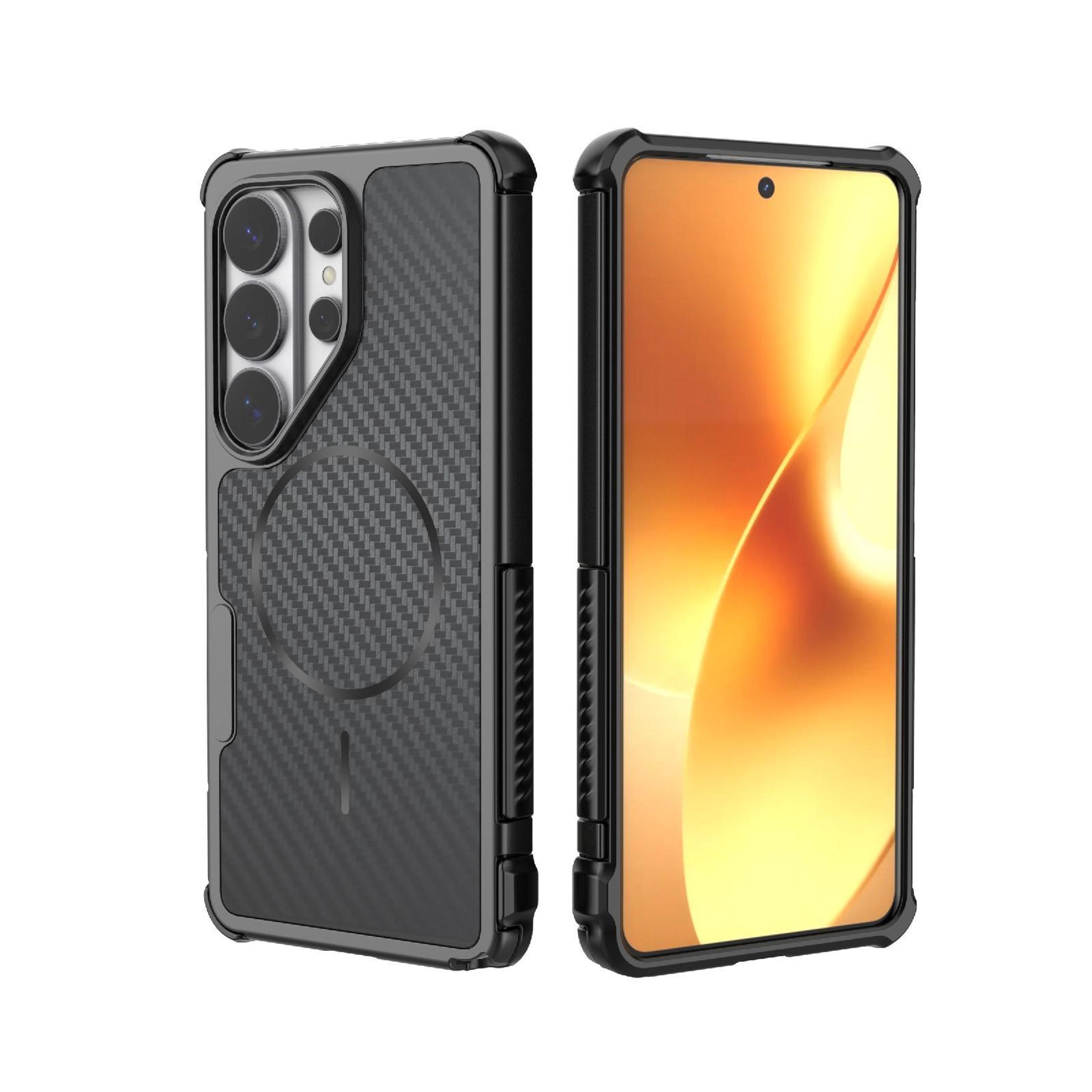 galaxy s26 ultra rugged magnetic case with carbon fiber texture and shockproof airbag protection