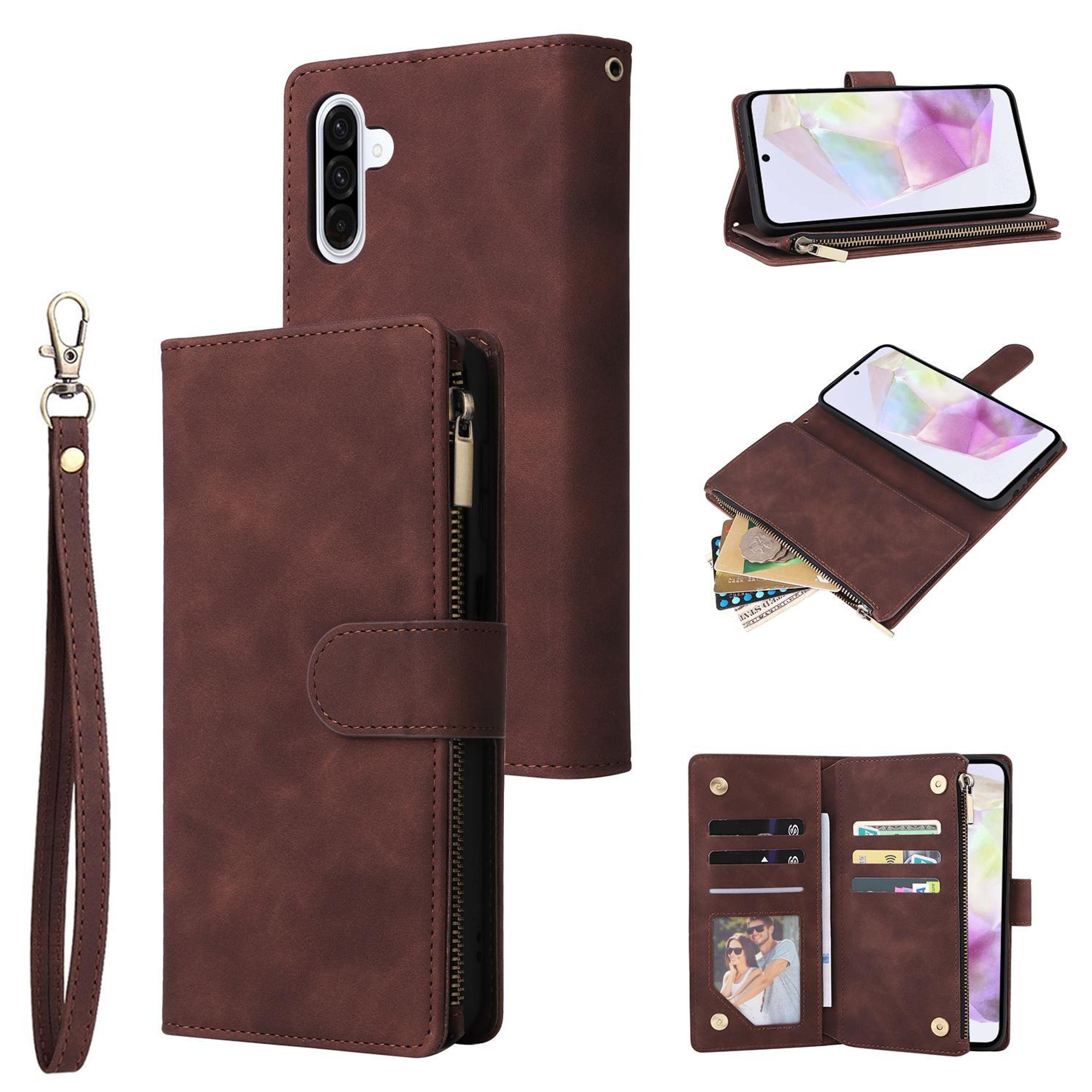 galaxy a18 a17 zipper wallet case with card holder, kickstand and wrist strap
