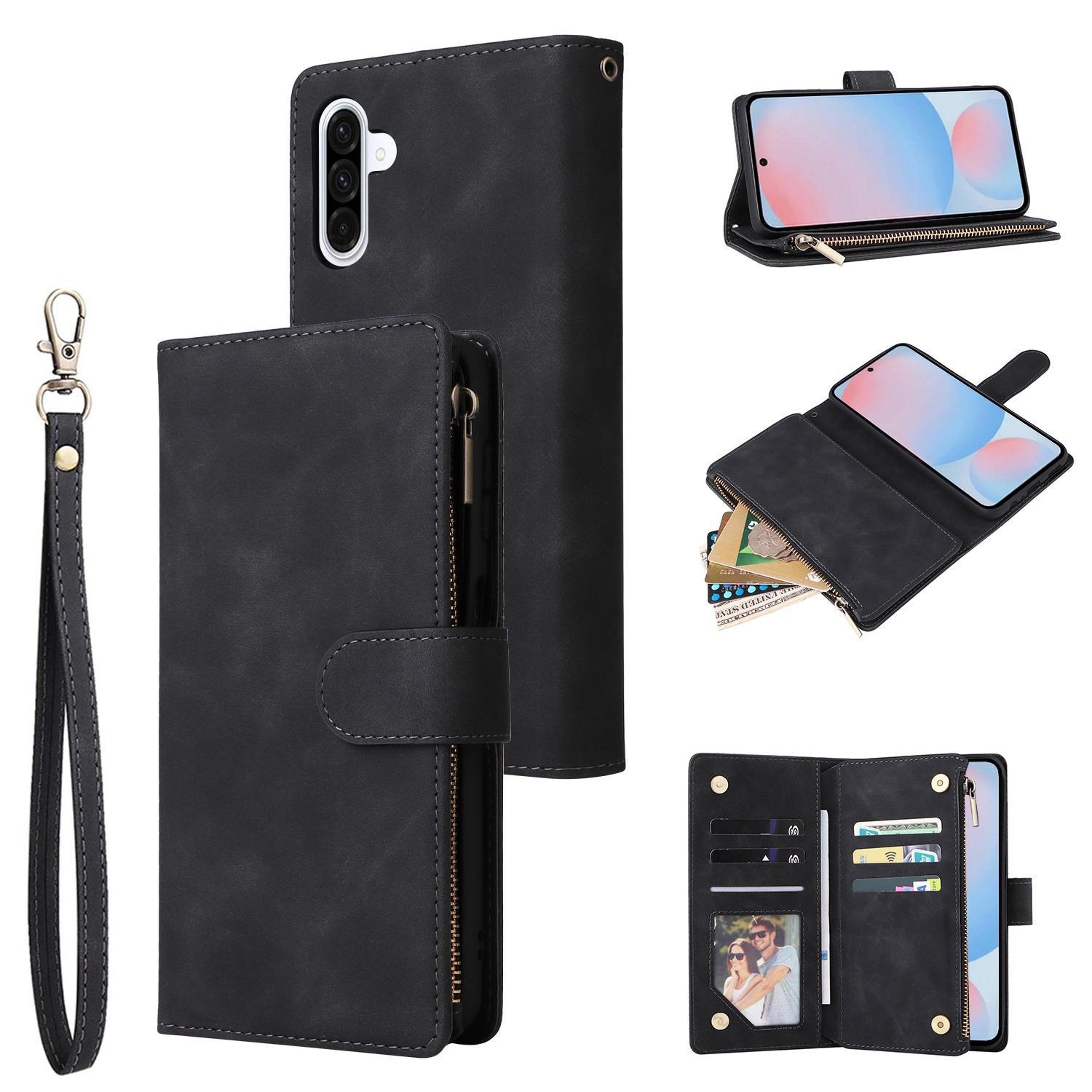 galaxy a56 5g zipper wallet leather case with card holder, kickstand and wrist strap