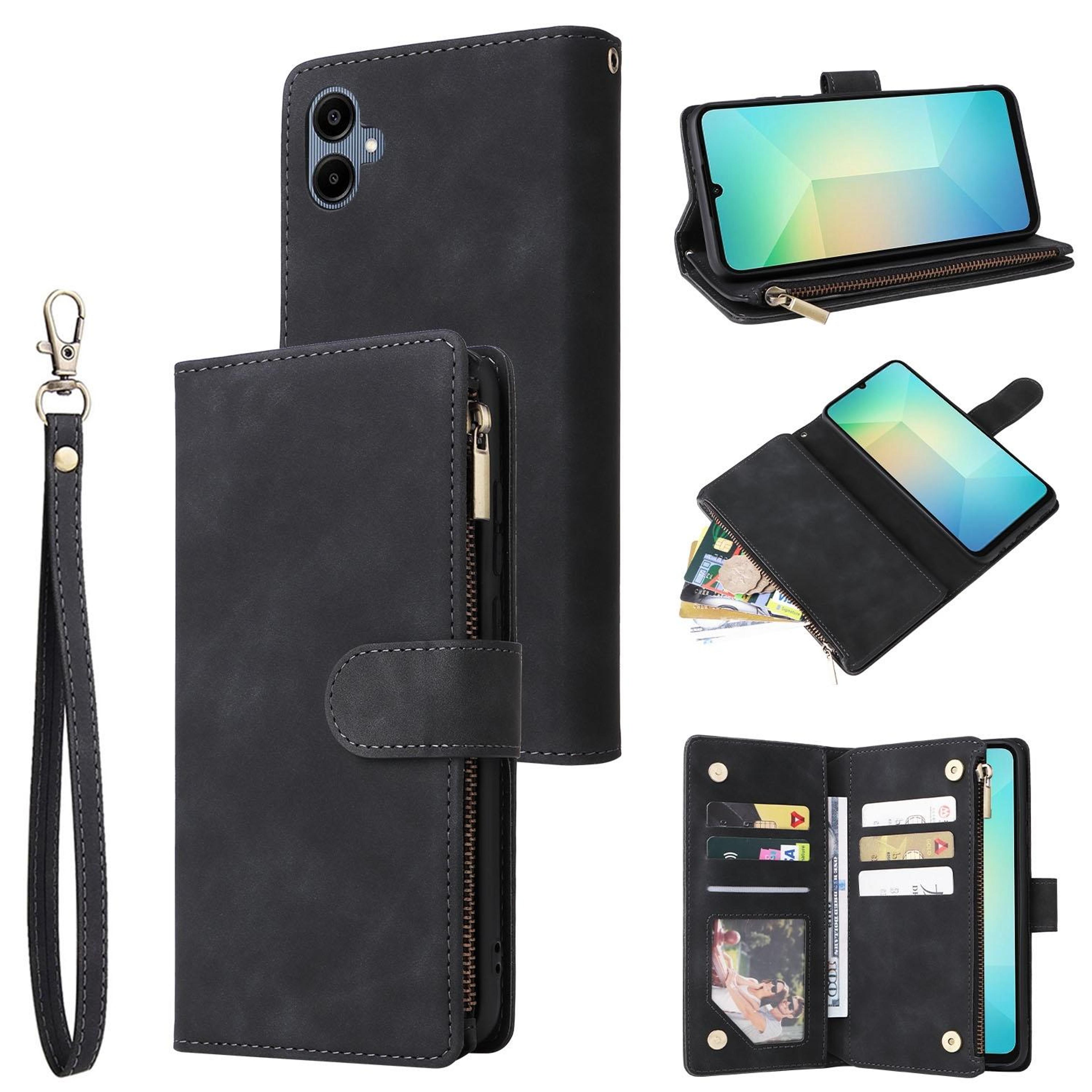 galaxy a06 4g zipper wallet case with card holder, kickstand and wrist strap
