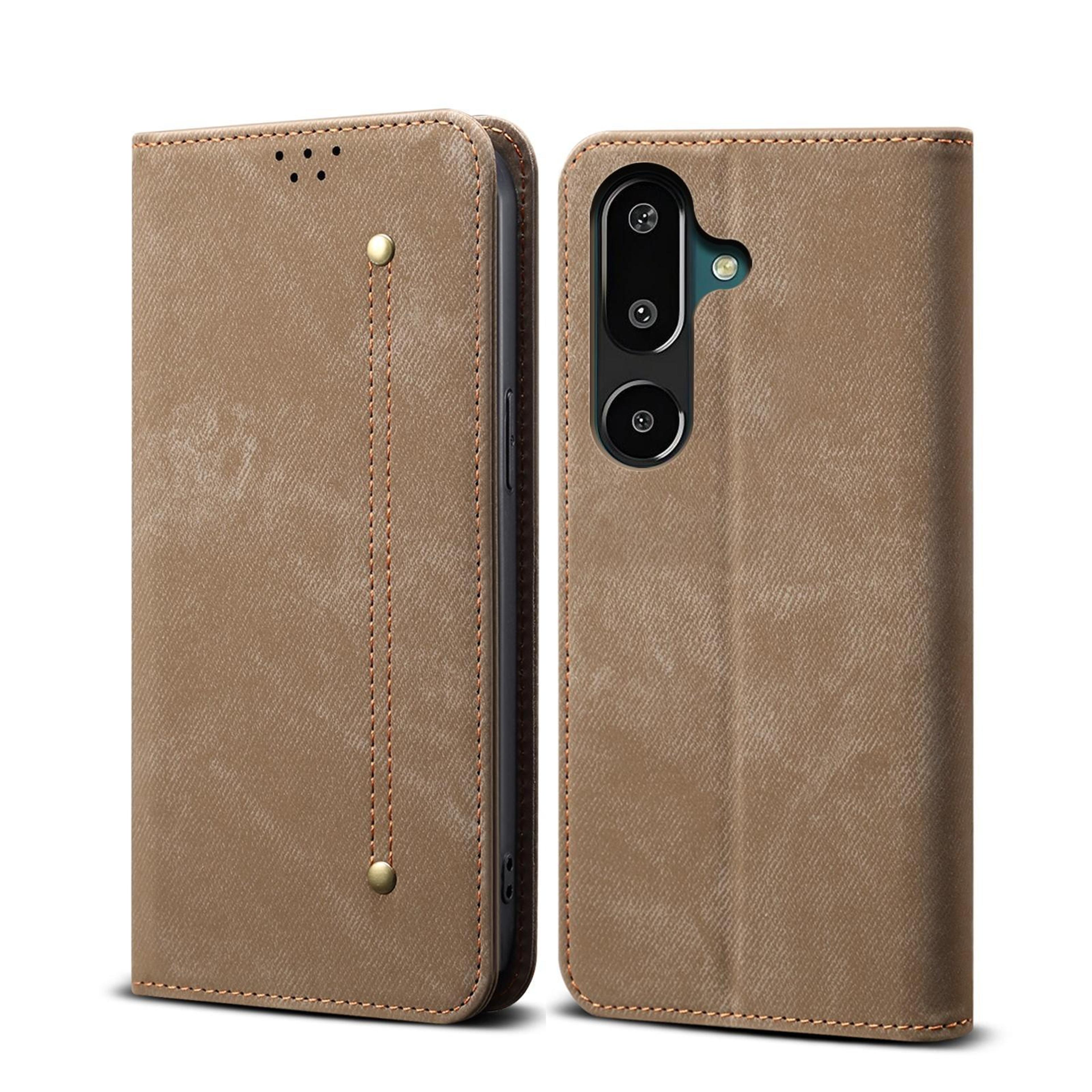 samsung galaxy f16 5g denim texture wallet flip case with card slots and stand