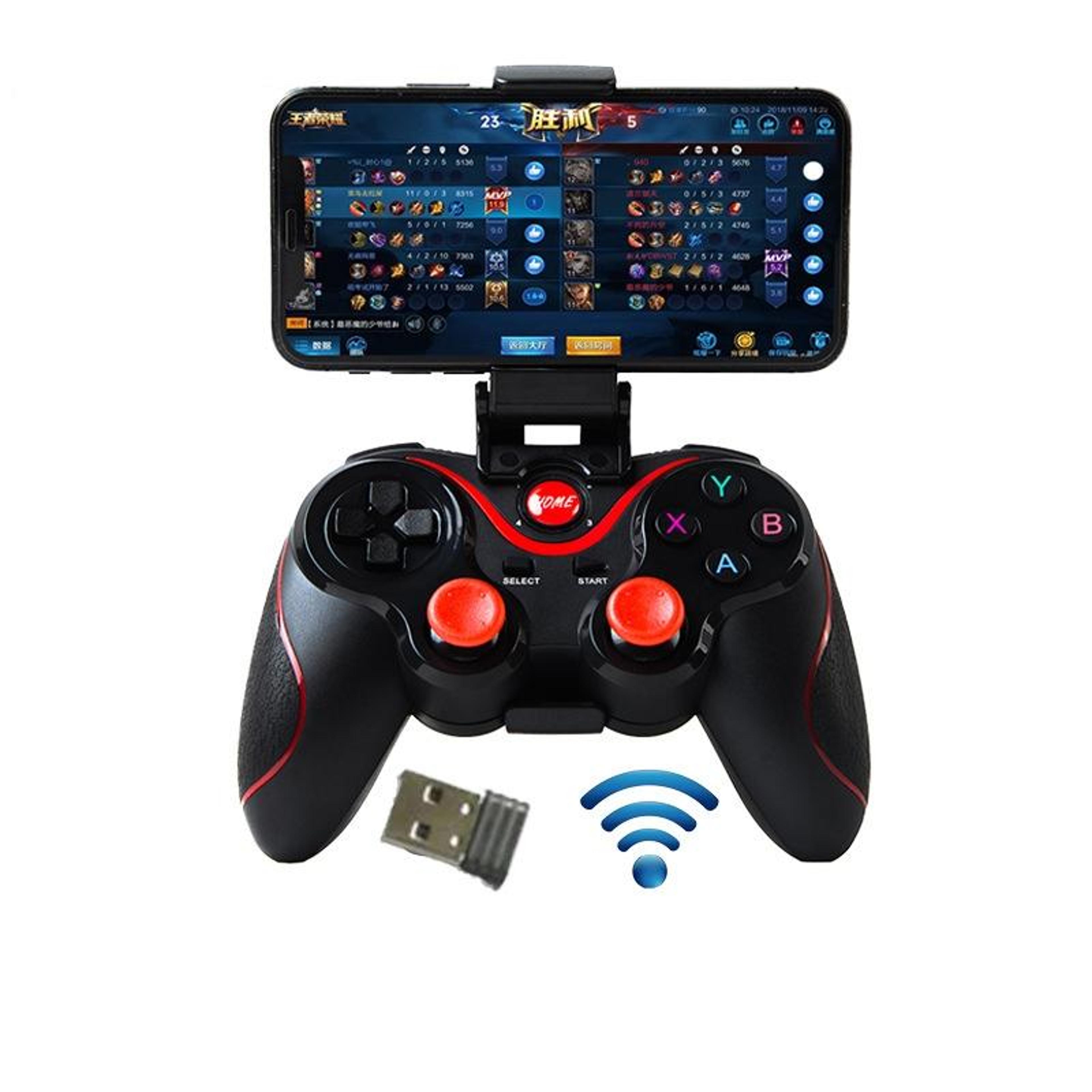 s6 wireless bluetooth game controller with phone holder and 2.4g receiver for android, ios and pc