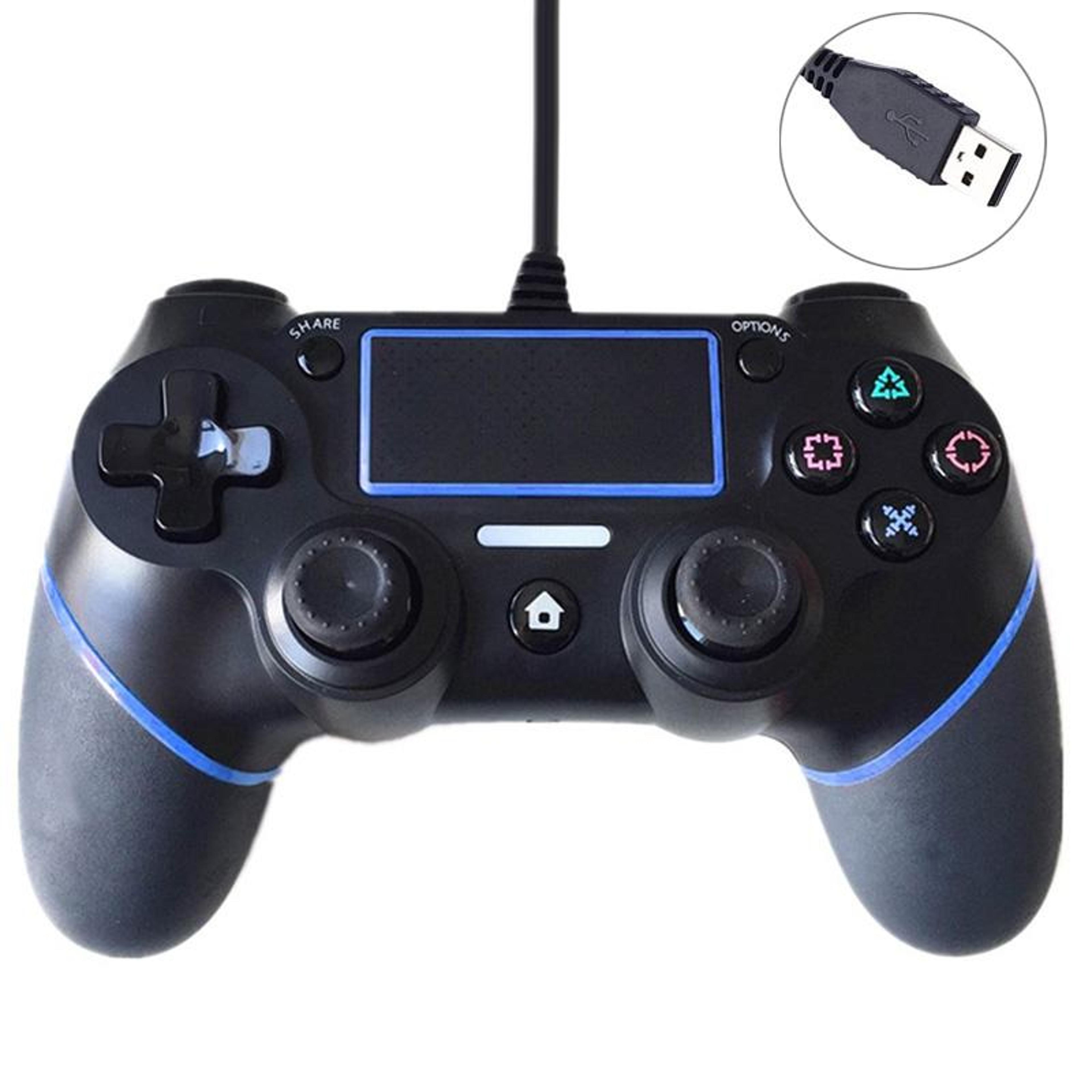 blue wired ps4 controller with touchpad, share button, light bar and built-in speaker