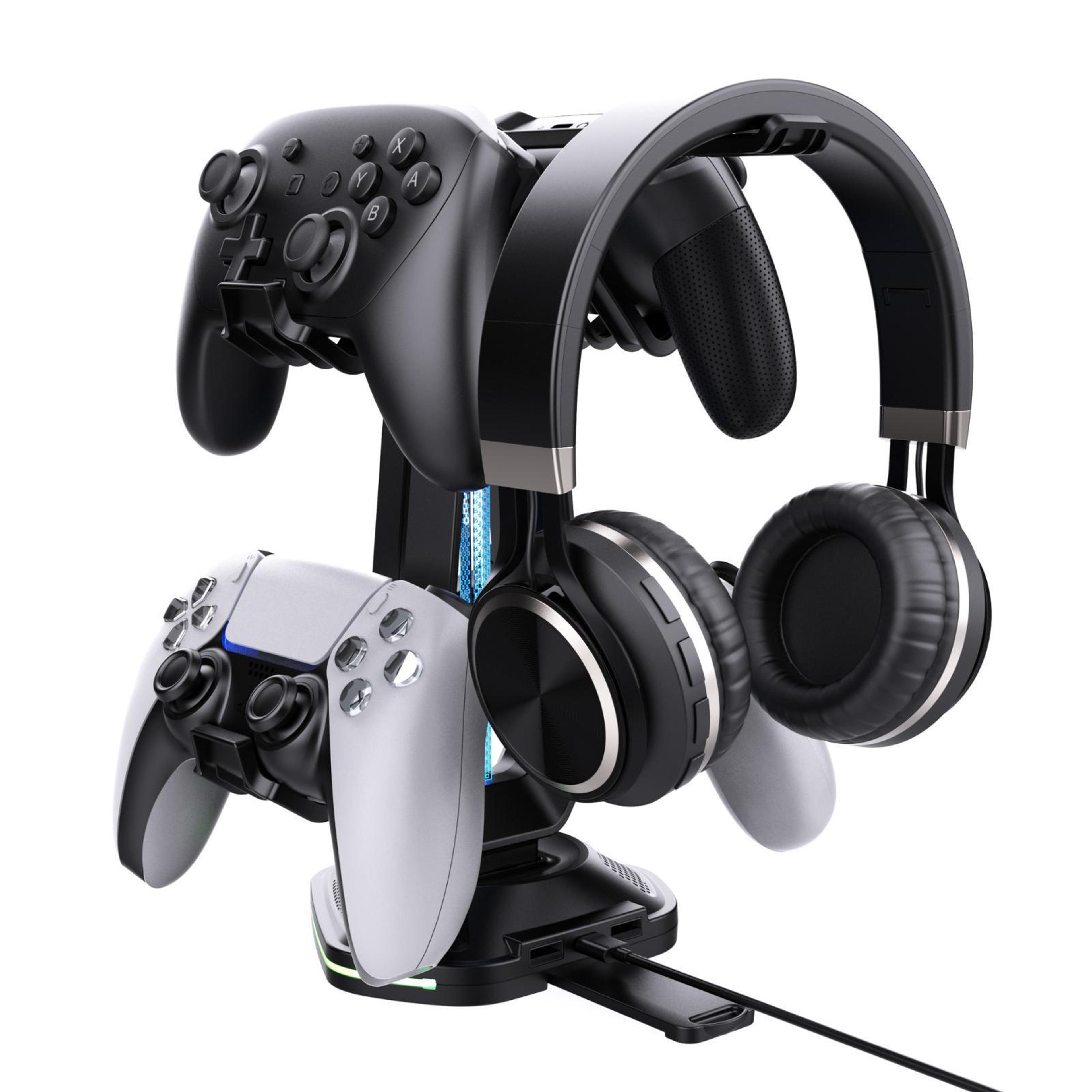 rgb gaming headset stand with 4 controller holders and dual usb charging