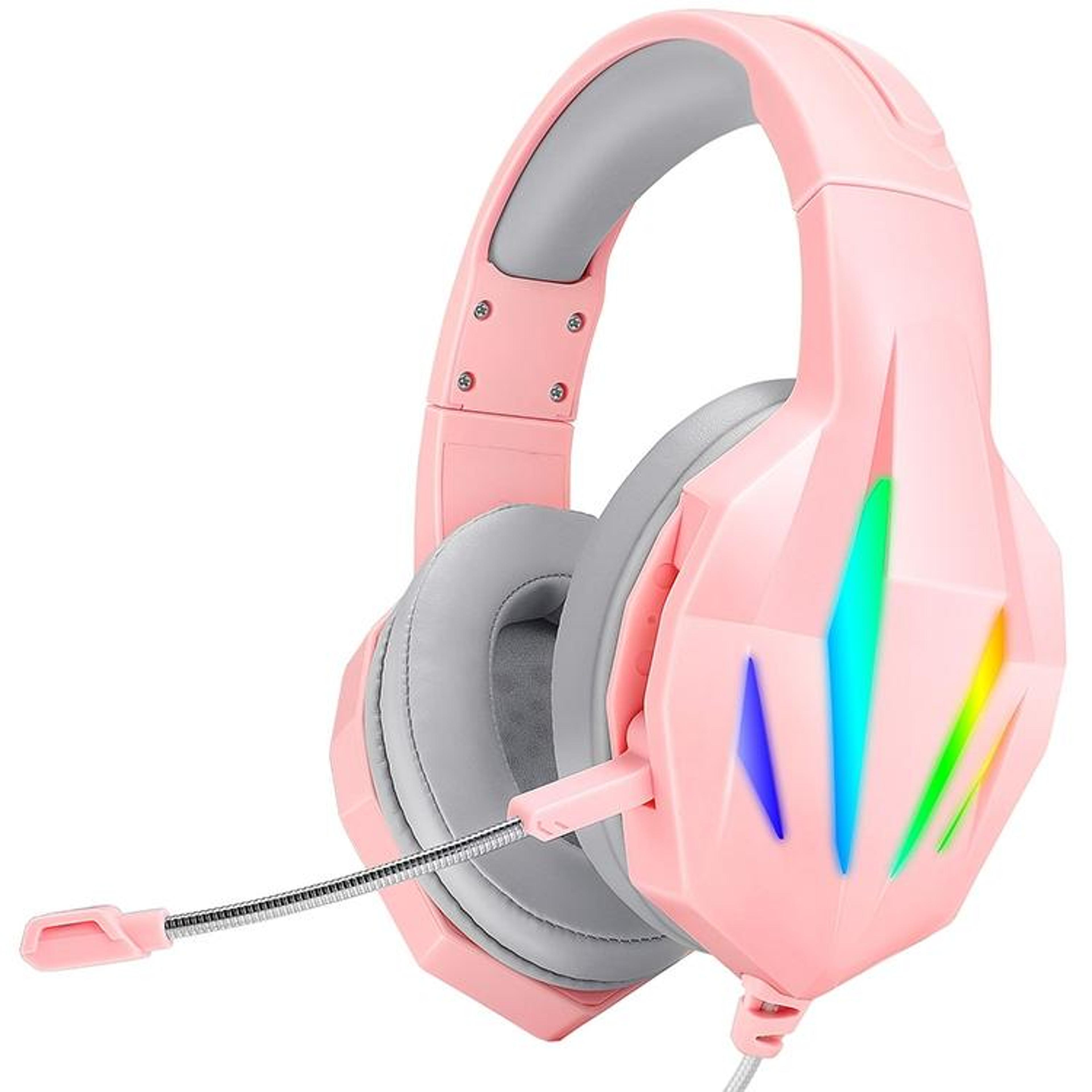 erxung j5 pink wired gaming headset with noise-reducing mic and led lighting