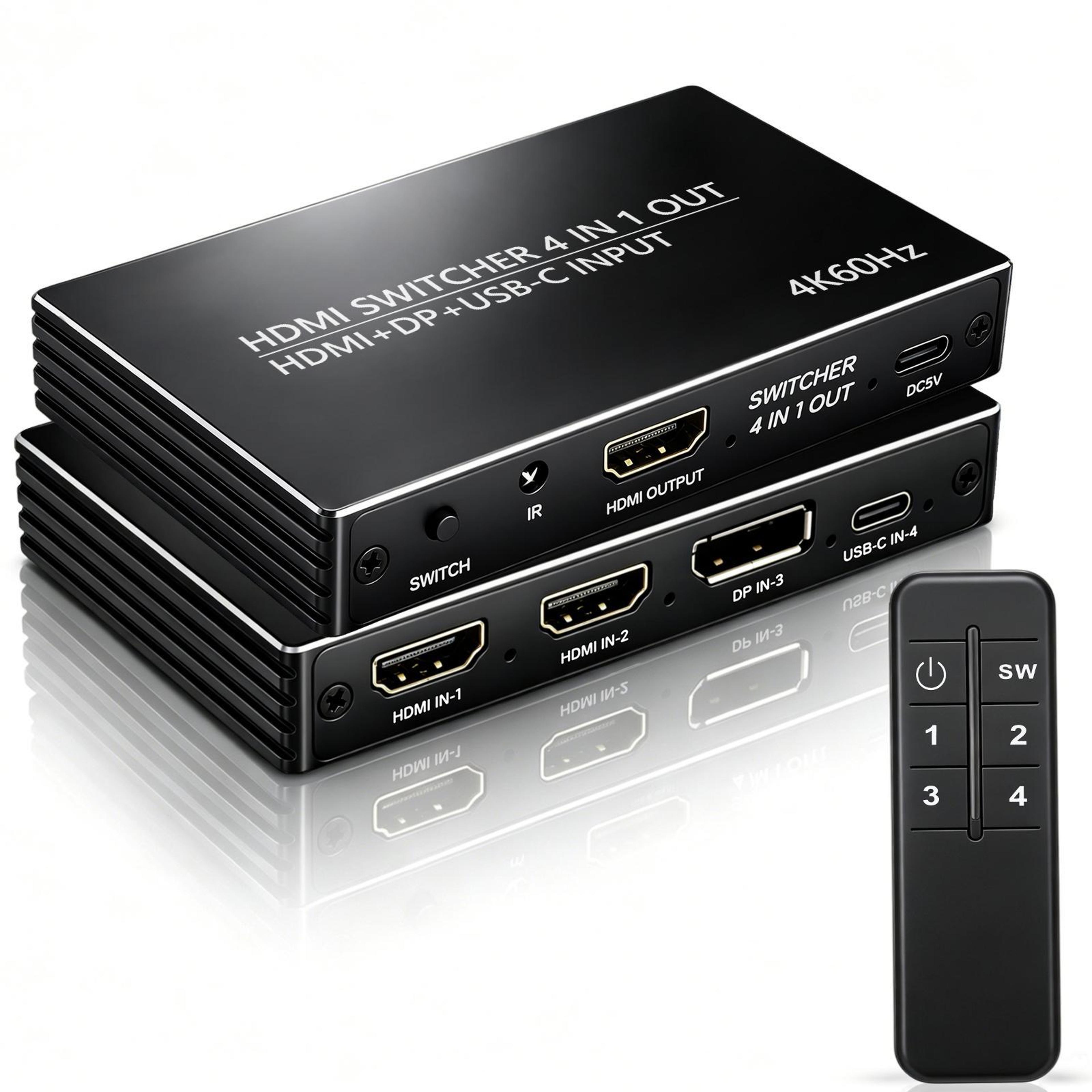 nk-666 4k hdmi switch with remote, 4-in-1 usb-c dp hdmi video switcher
