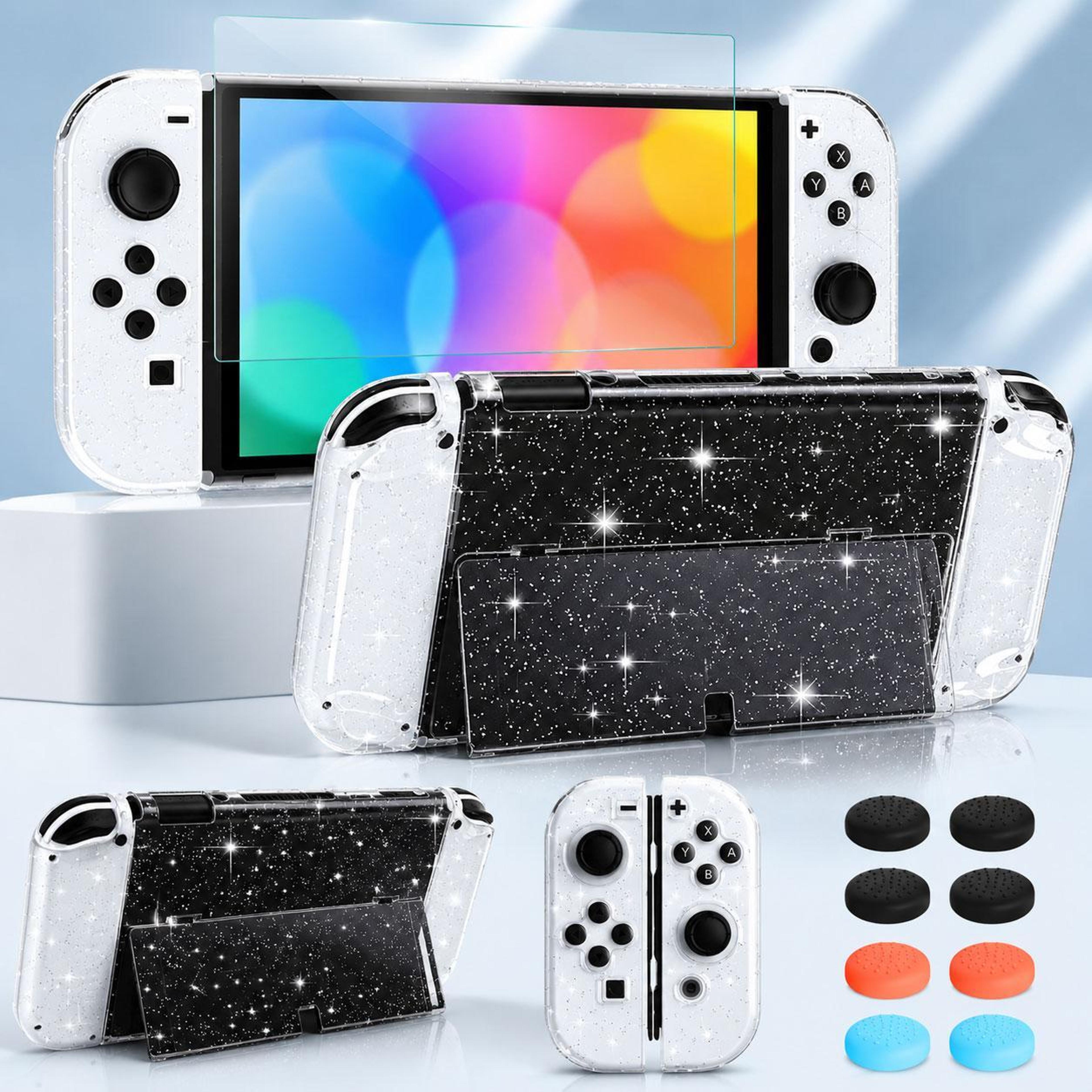 nintendo switch clear case with tempered glass screen protectors and thumb grips set