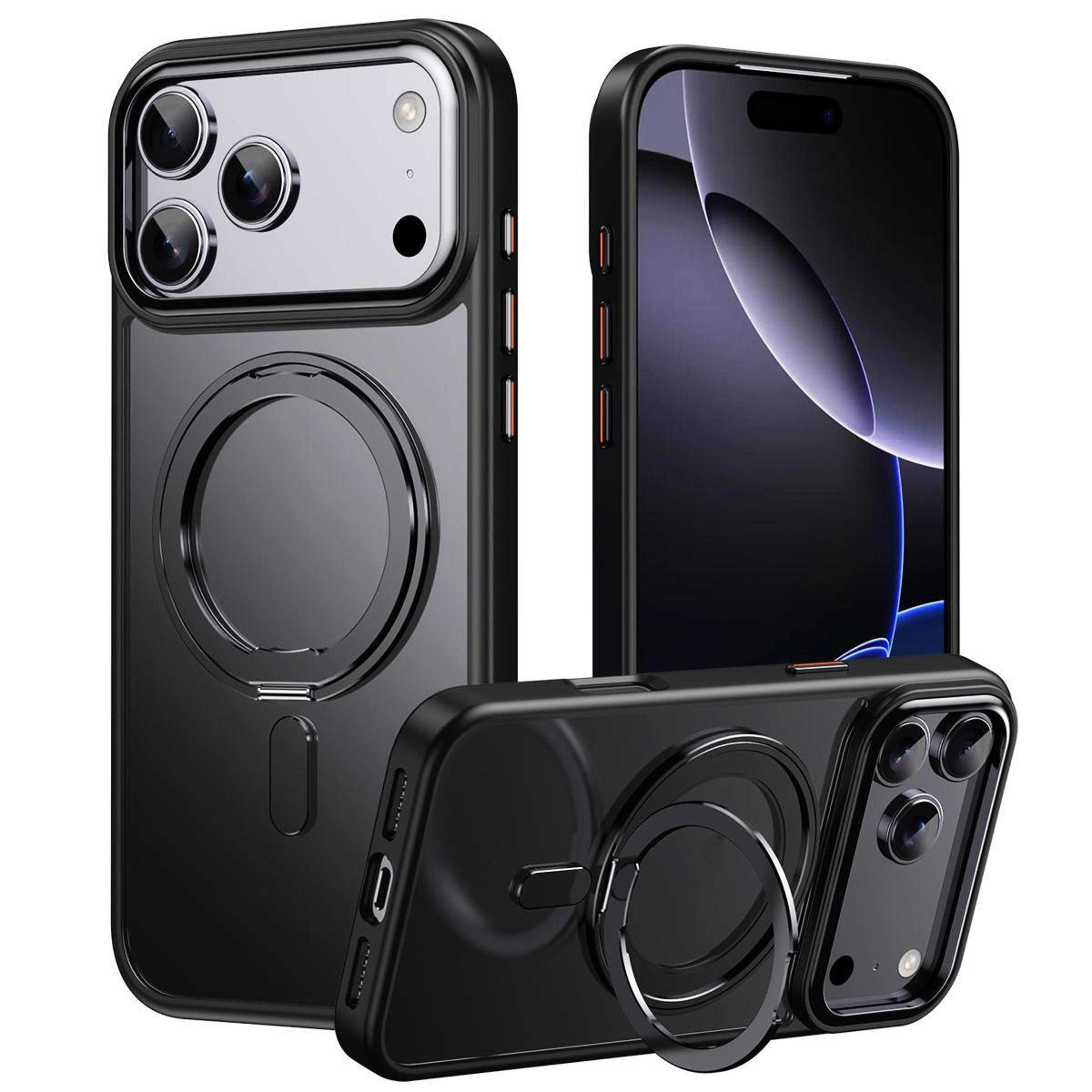 iphone 18 pro max magsafe case with 360° magnetic ring stand and frosted shock protection