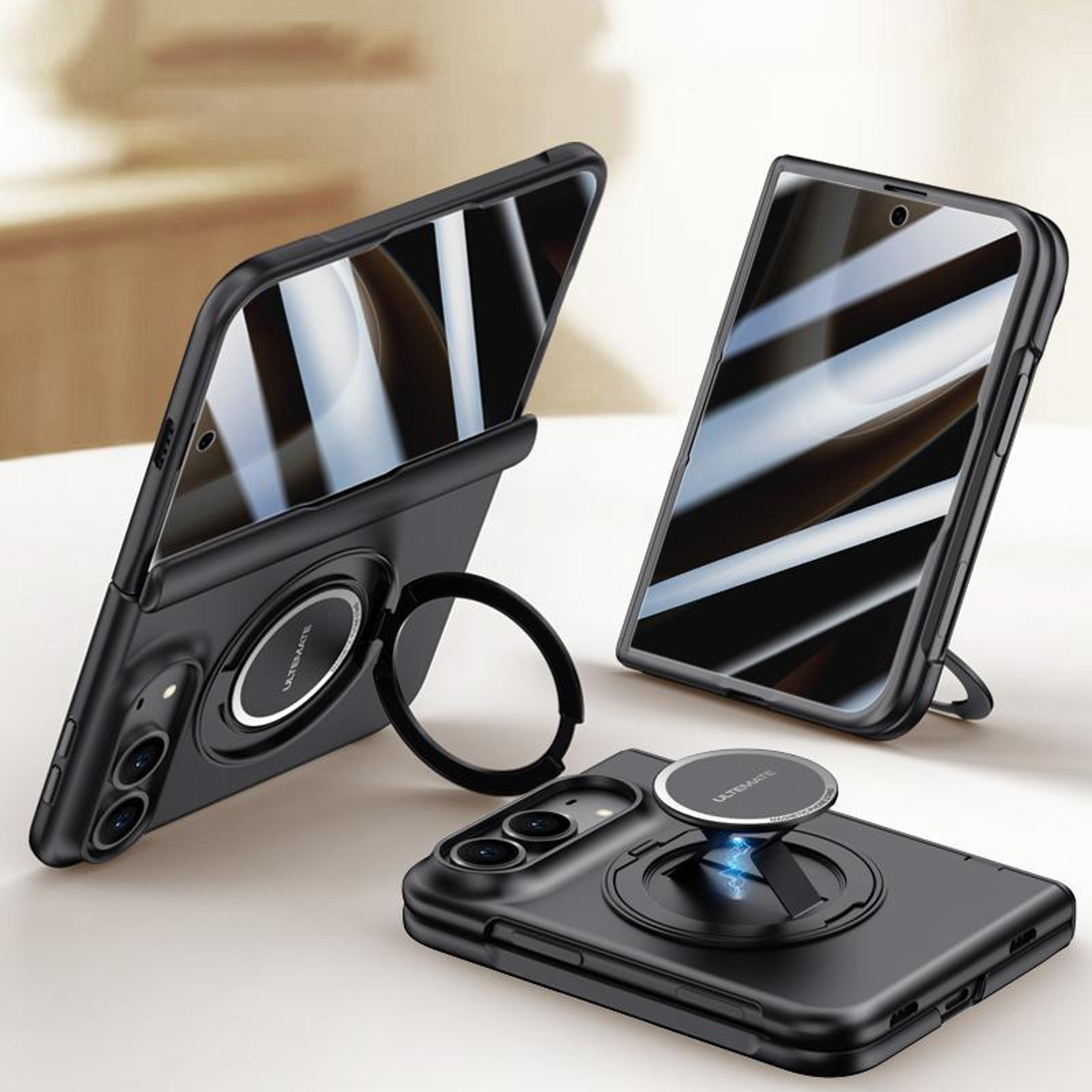 iphone duo privacy magnetic case with hinge protection, wrist strap and rotating ring stand