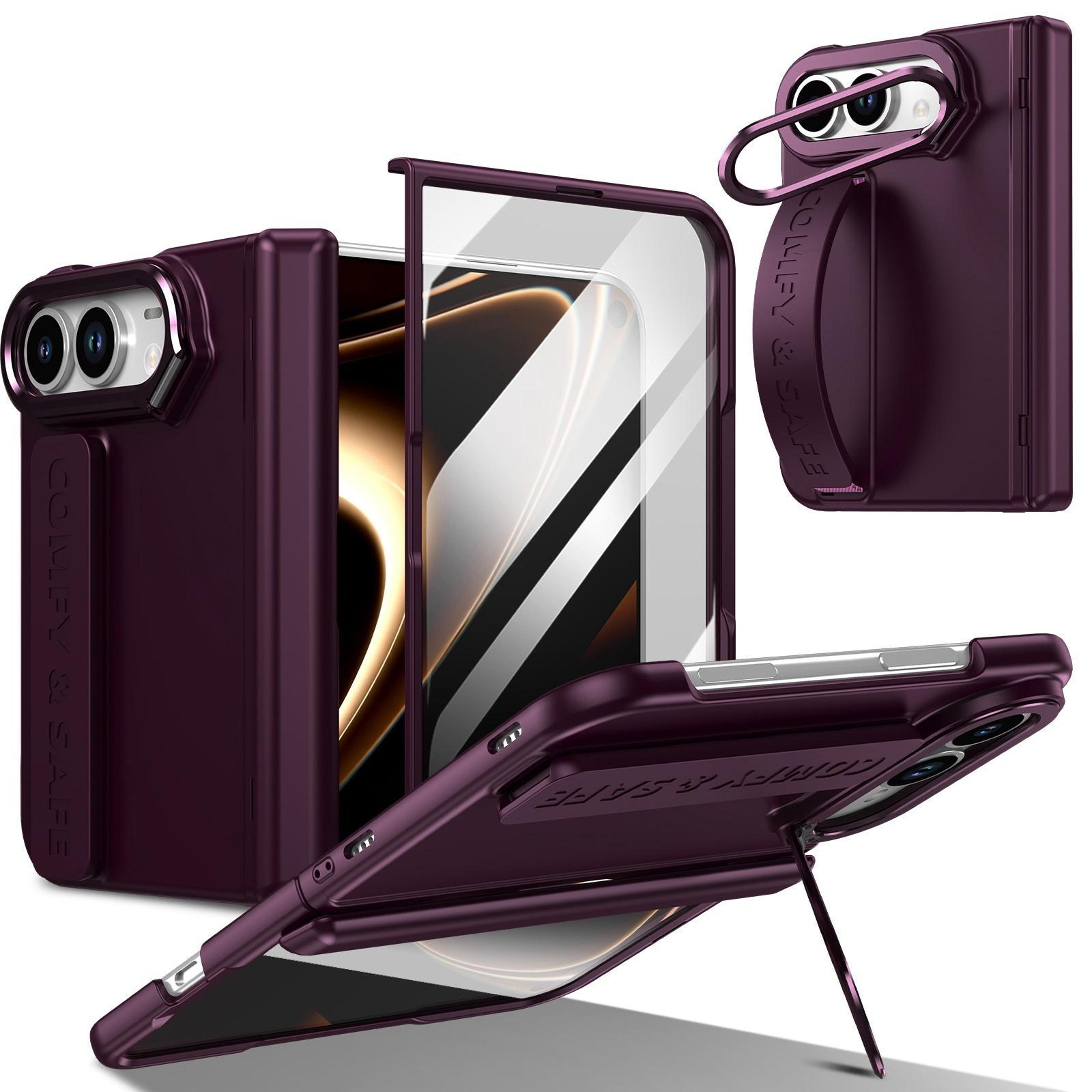 iphone fold shockproof case with lens stand, 9h screen protection & wrist strap