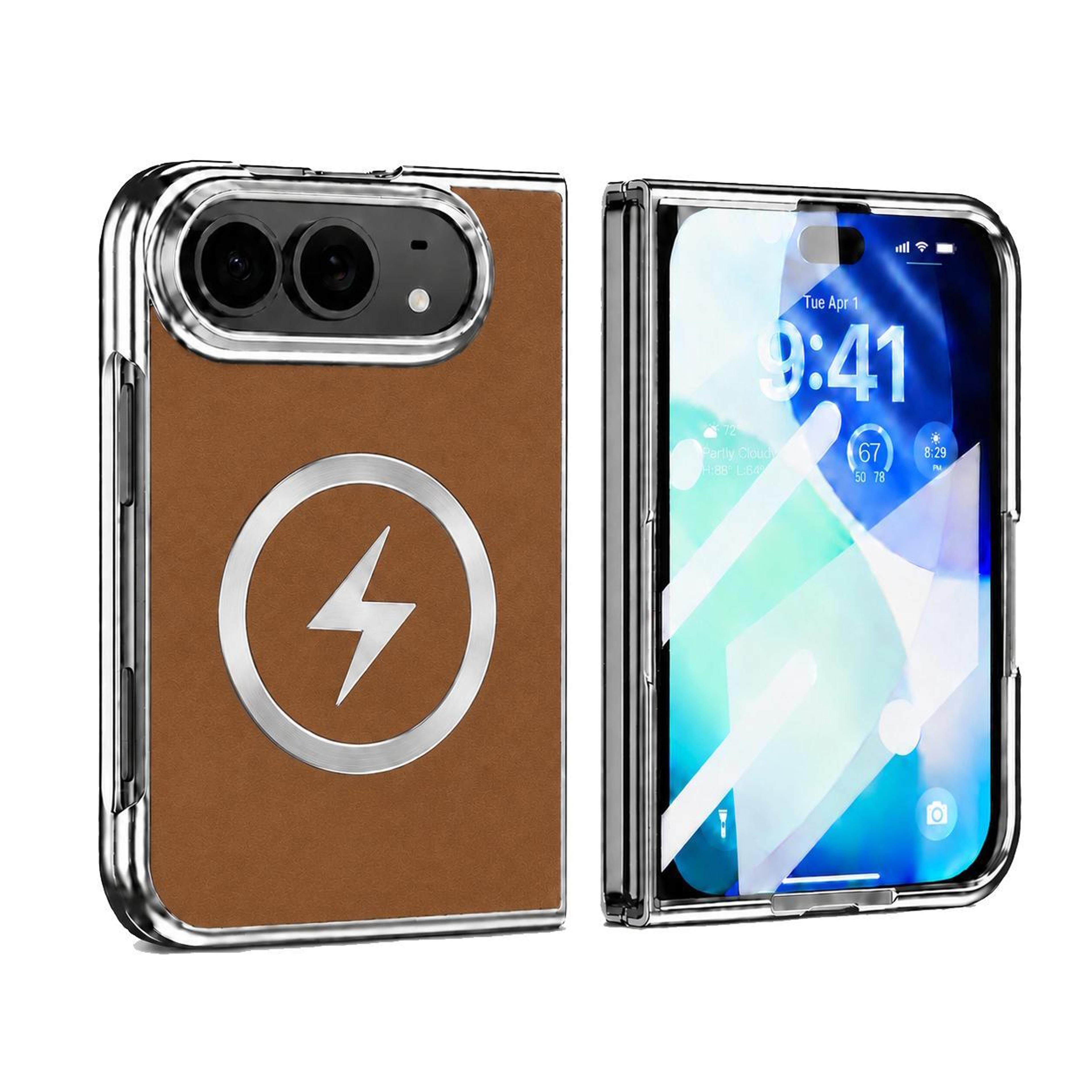 premium iphone fold case with magnetic charging and integrated screen protector, brown