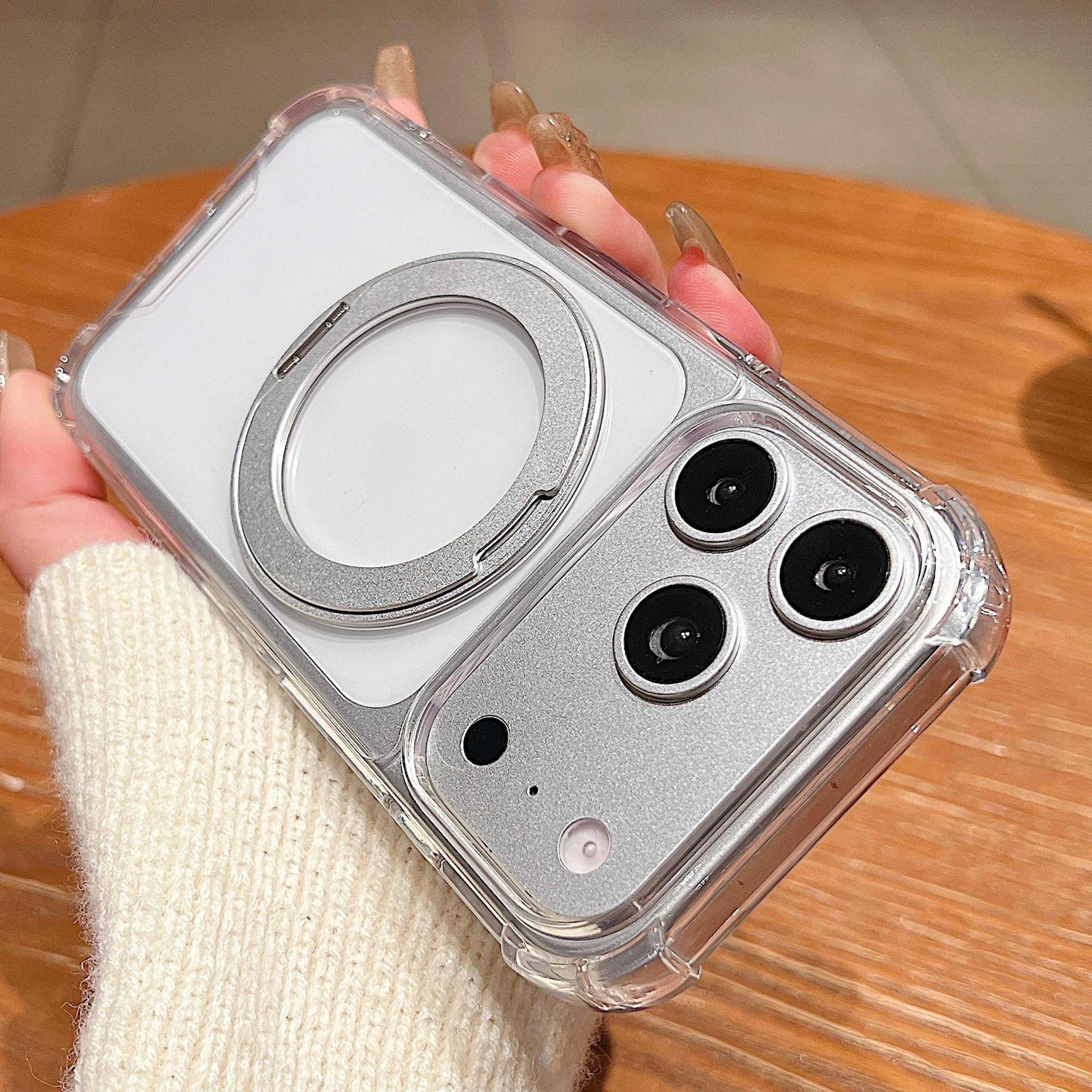iphone 18 pro clear magnetic shockproof case with 360° rotating ring holder