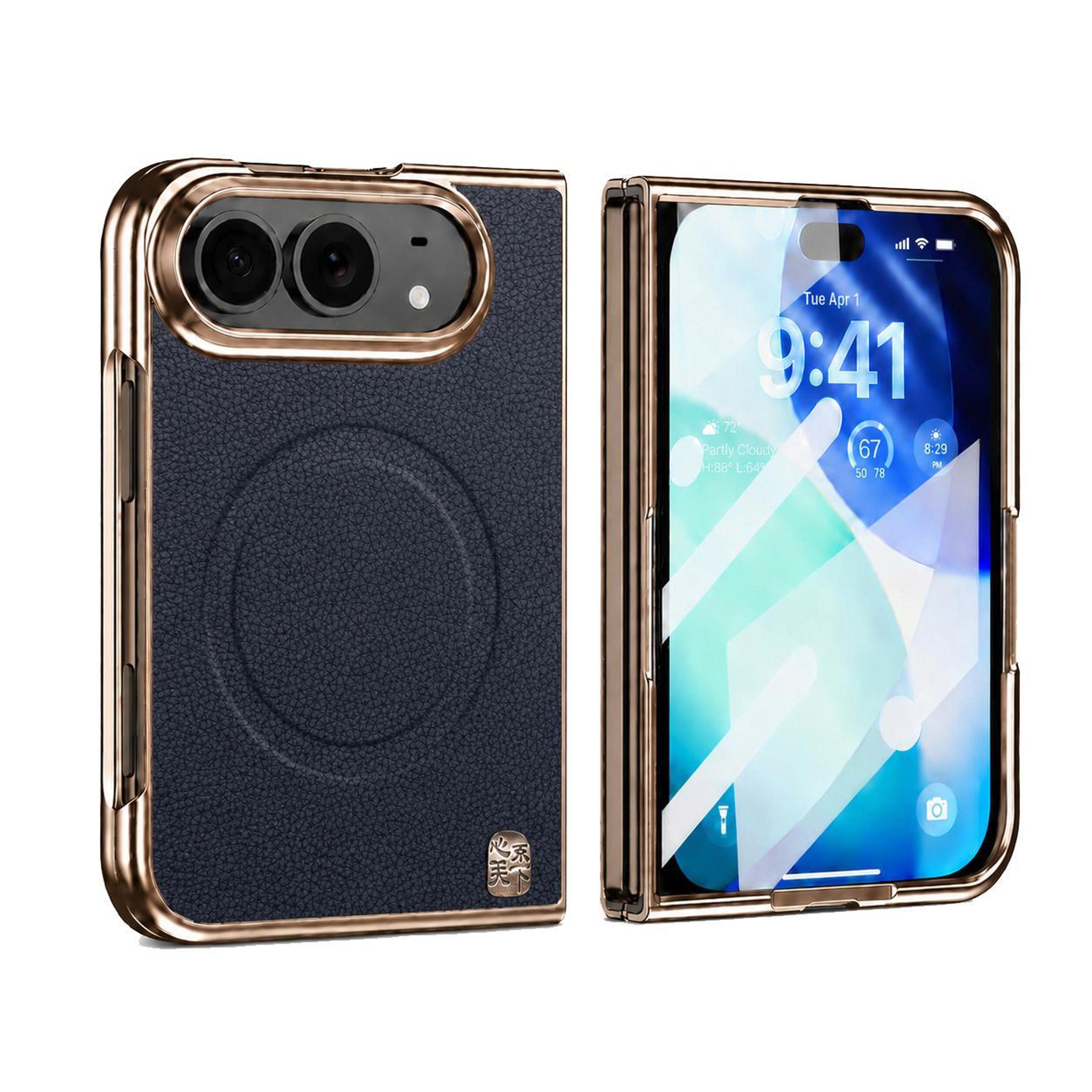 iphone duo case with litchi-grain finish, magnetic ring and built-in screen protector