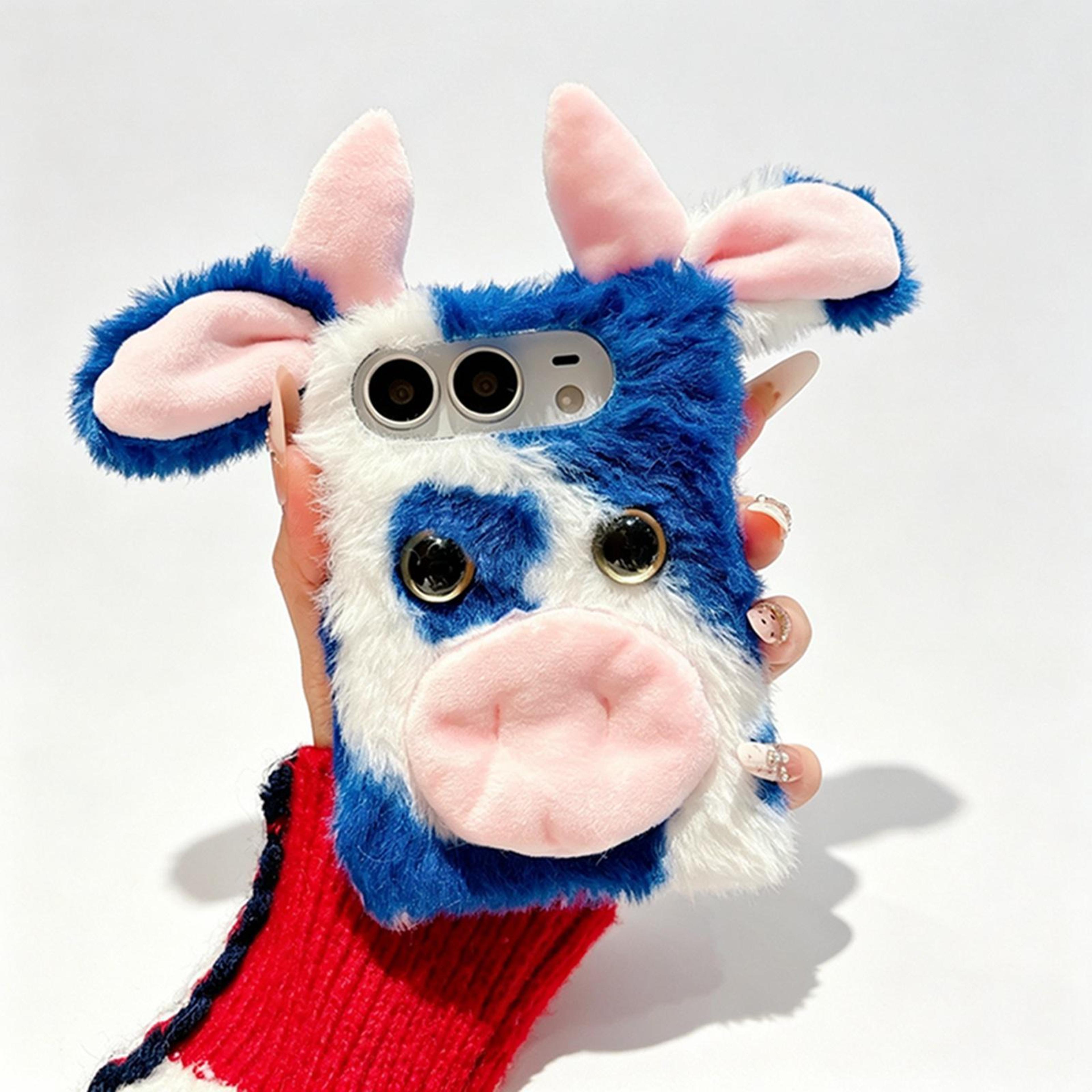 blue plush cow iphone duo case with foldable tpu protection