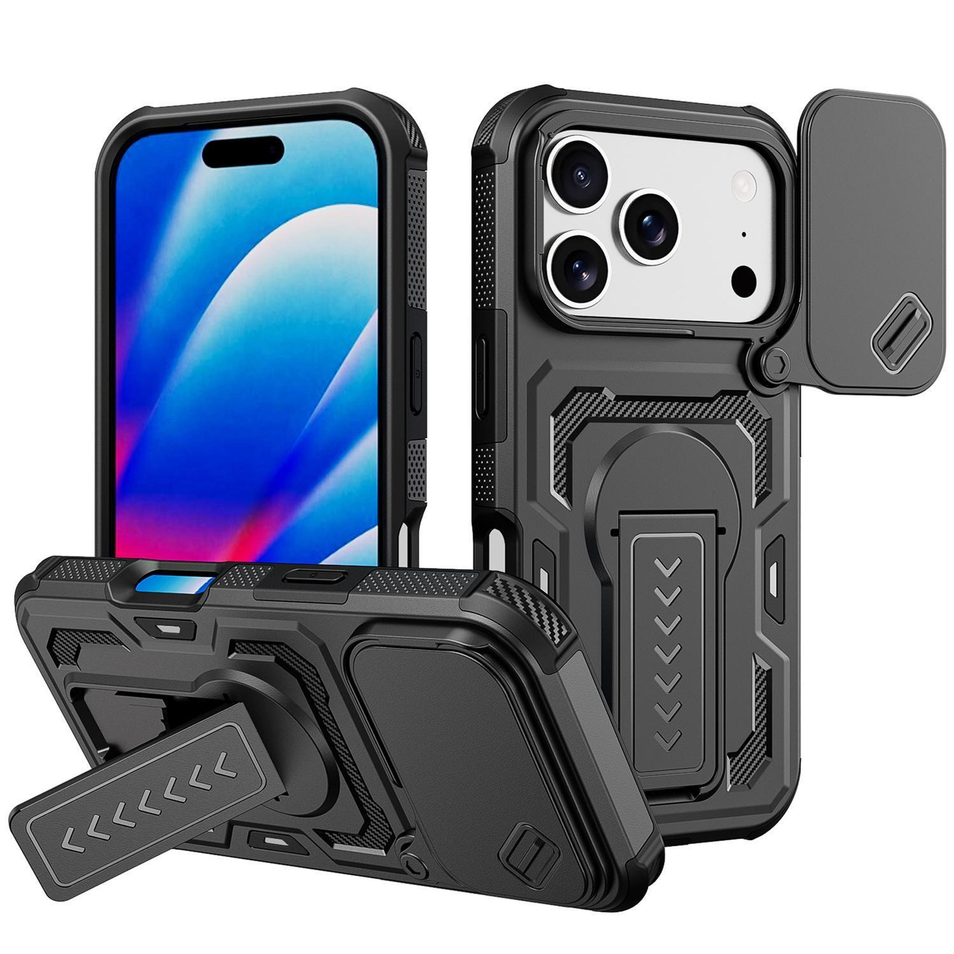 iphone 18 pro protective case with sliding camera cover, hidden kickstand and hybrid tpu pc protection