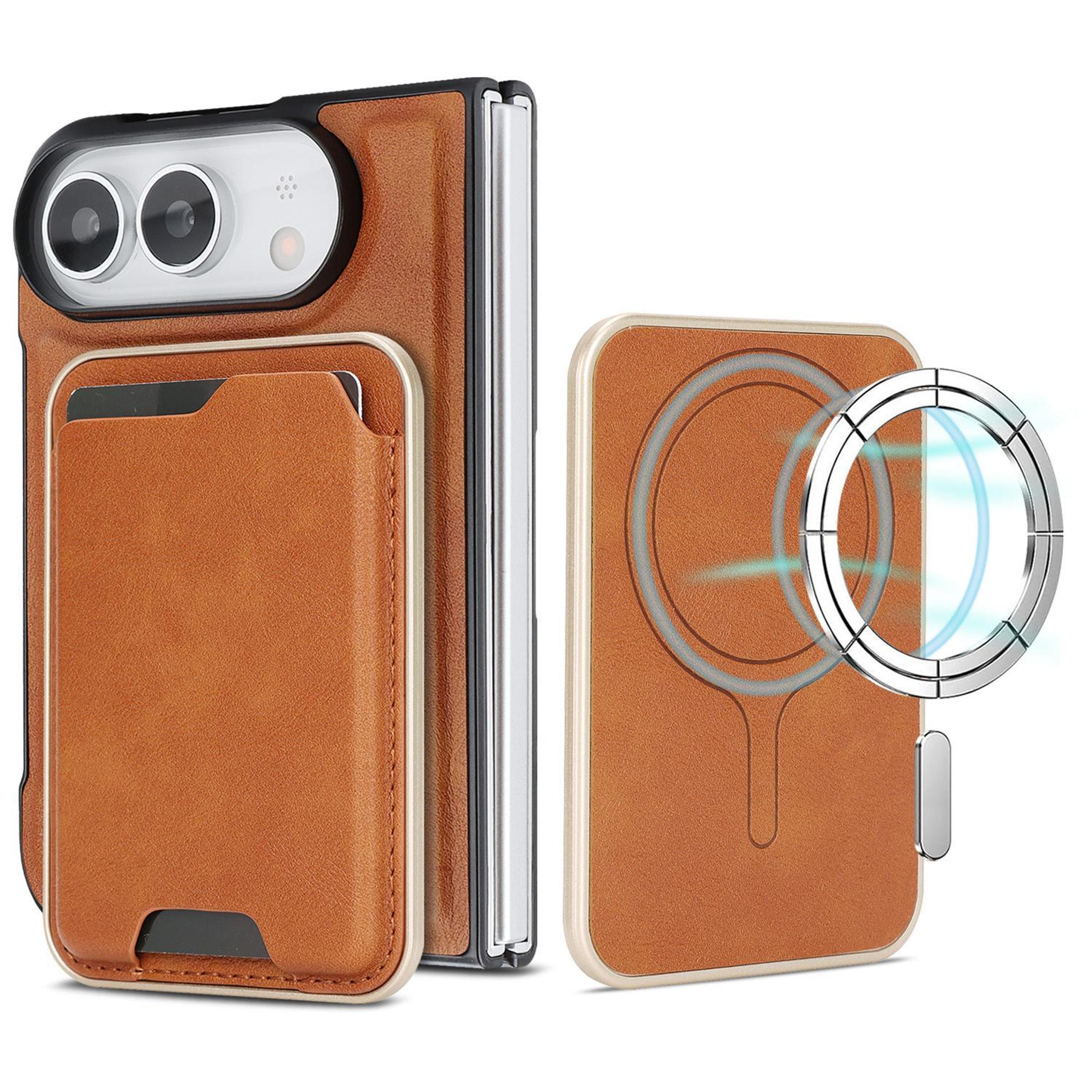kalebol iphone duo magsafe wallet case with n52 magnetic 3-card holder, brown pu leather