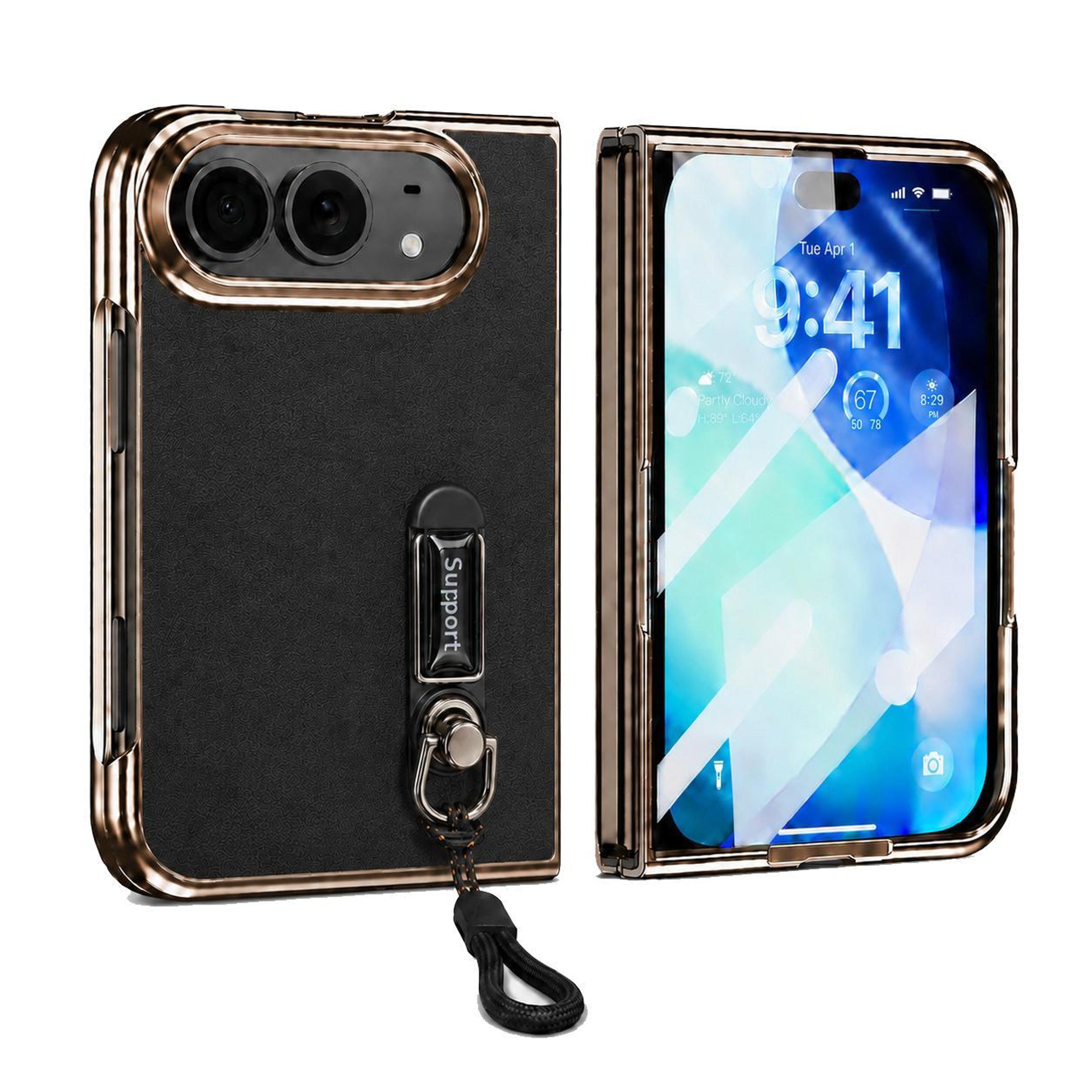 retro shield iphone duo case with built-in screen protector, hidden kickstand & wrist strap
