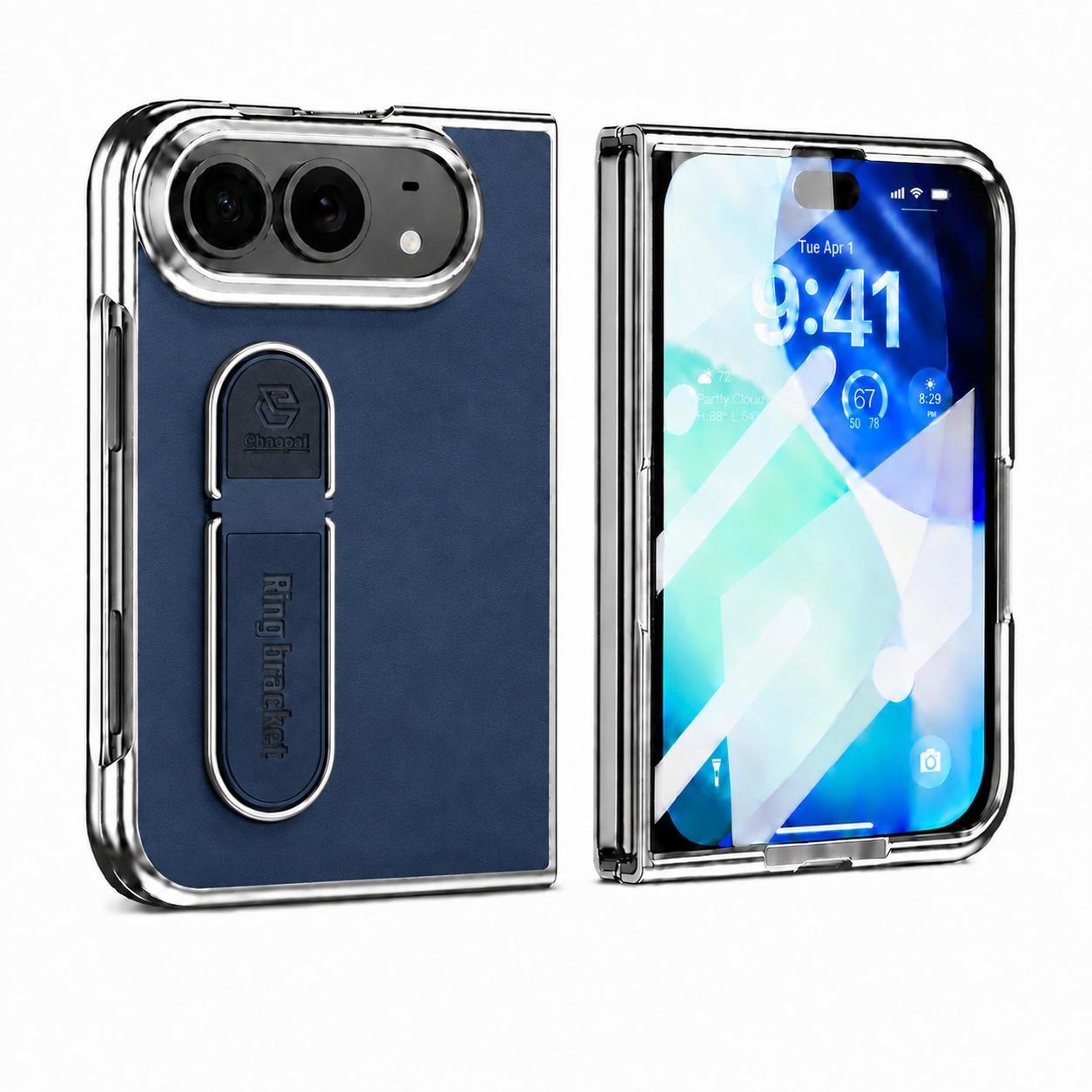 iphone duo case with hidden stand and built-in screen protector, vegan leather blue