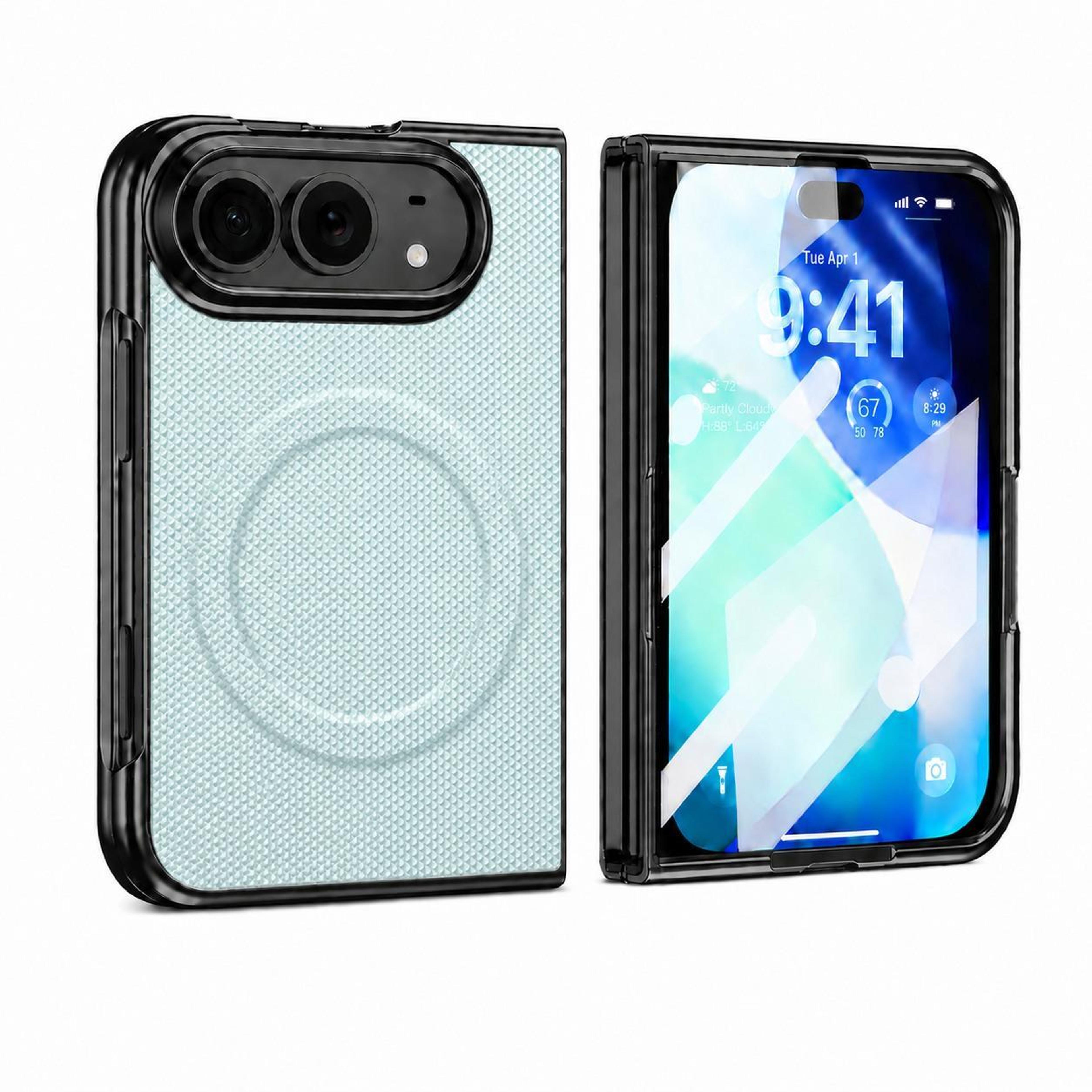 iphone duo magnetic case with built-in screen protector and granular carbon fiber texture