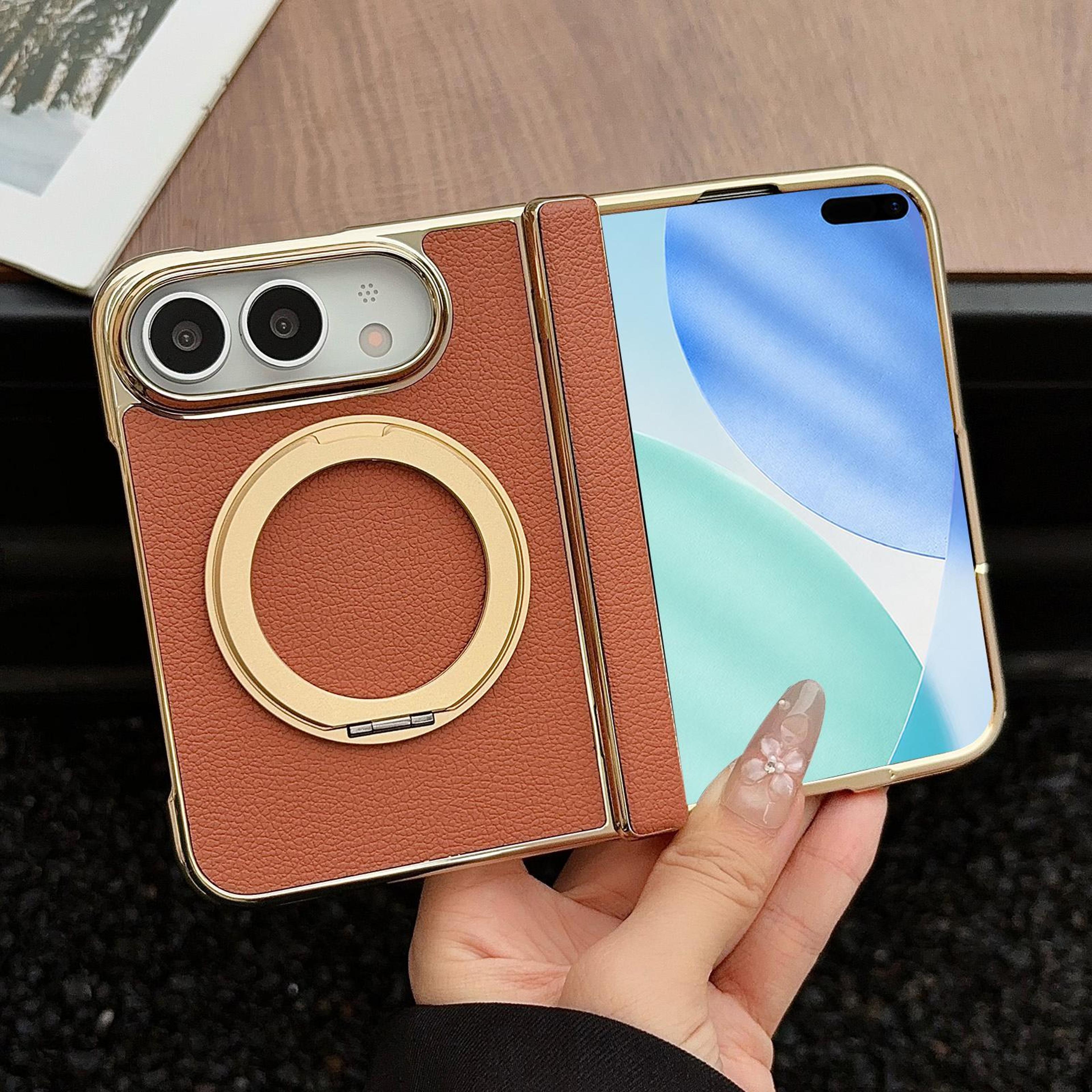 iphone duo case with magnetic ring, litchi texture and rotating stand