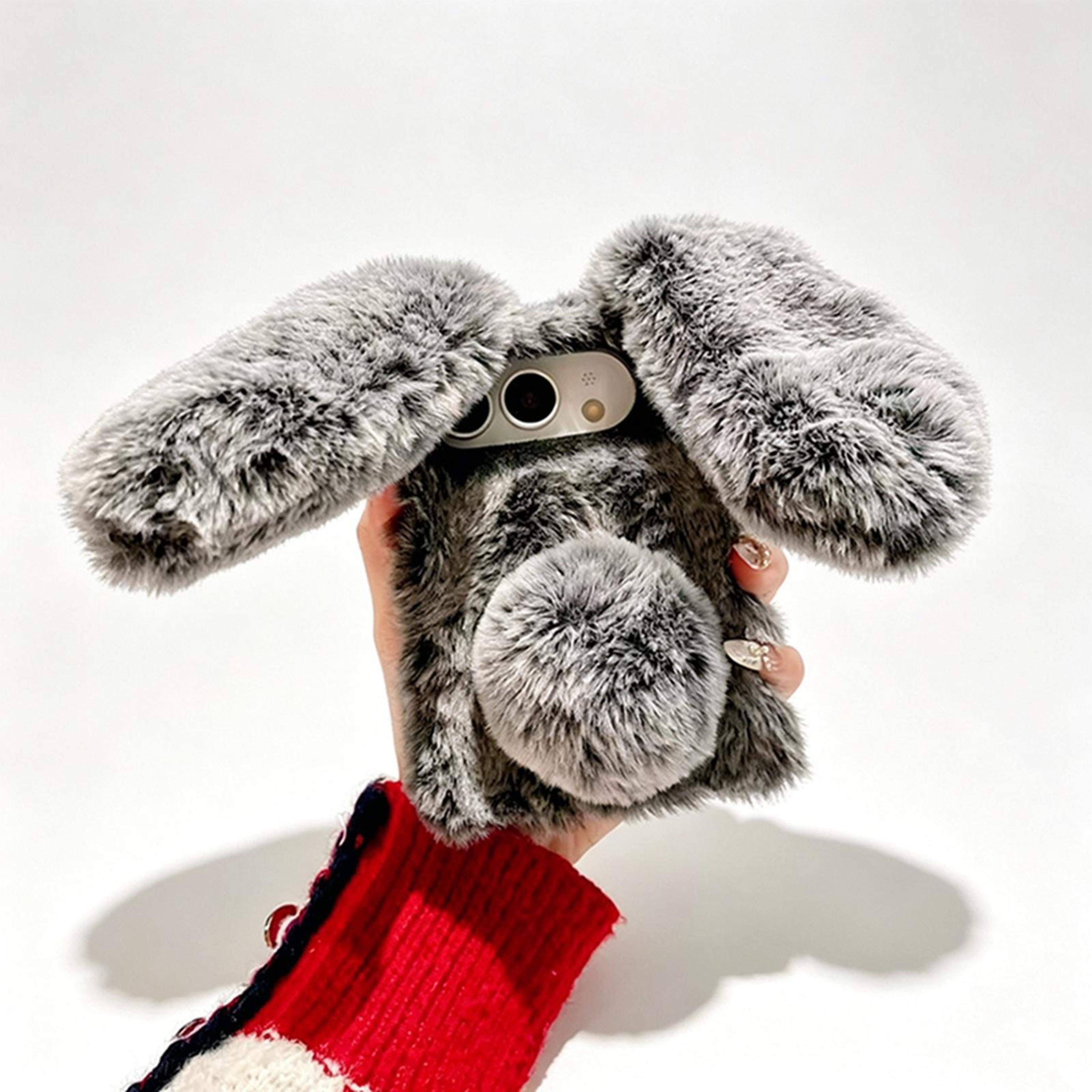 plush rabbit iphone duo case – soft dark grey tpu phone case