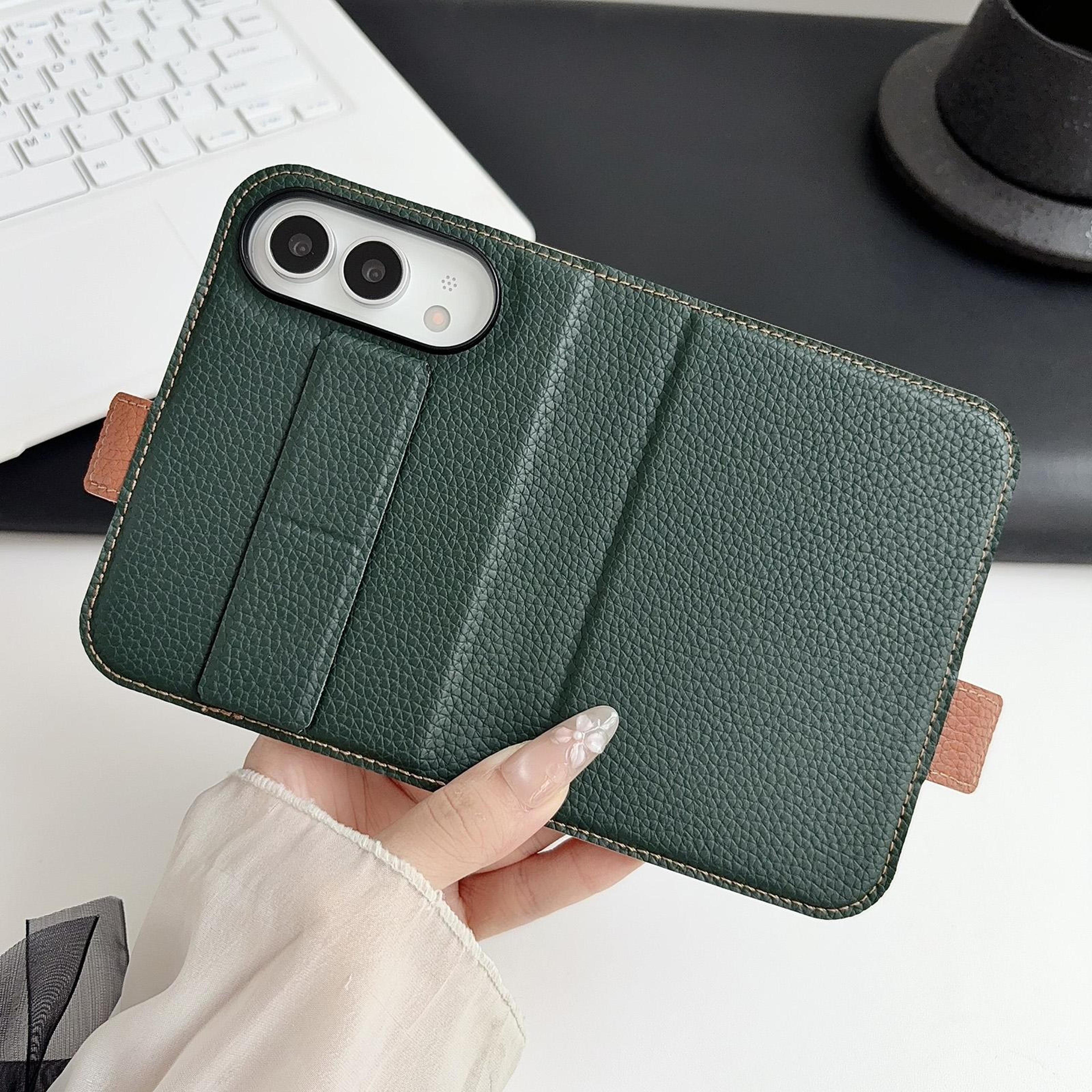 iphone duo leather wallet case with screen protector, card slots and adjustable stand