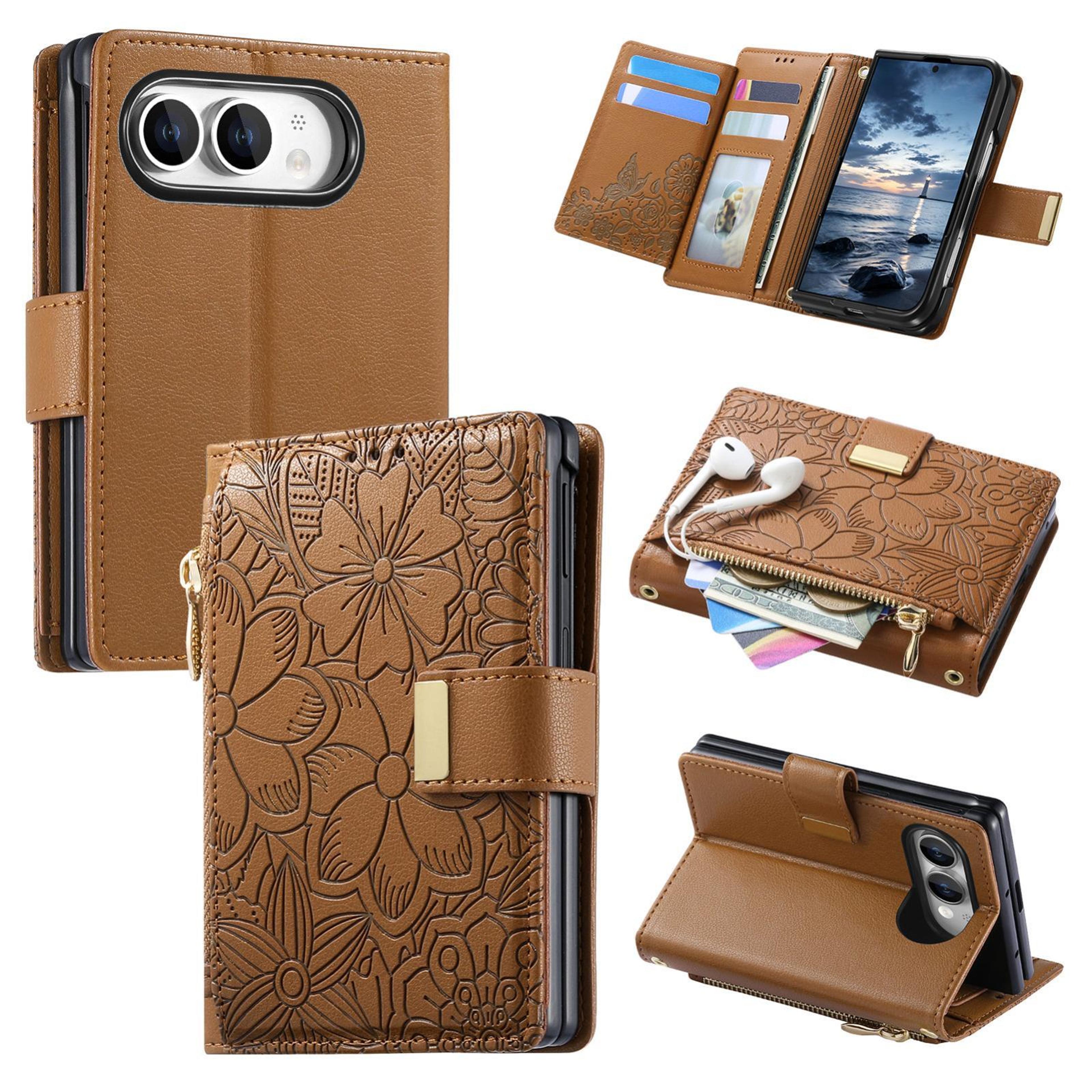 floral iphone wallet case with zipper, card holder, kickstand and wrist strap