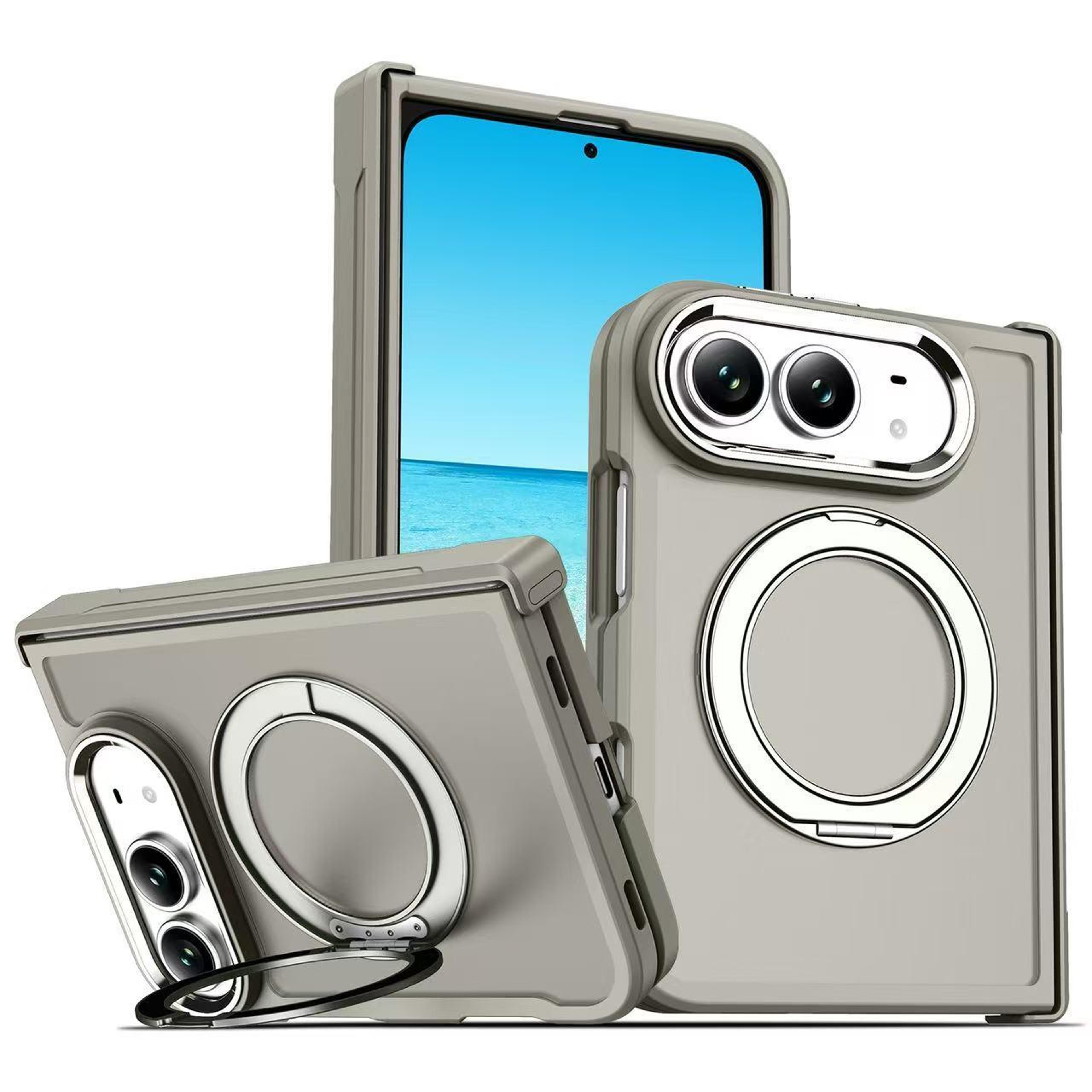 duo magnetic hinge protection phone case with rotating ring stand