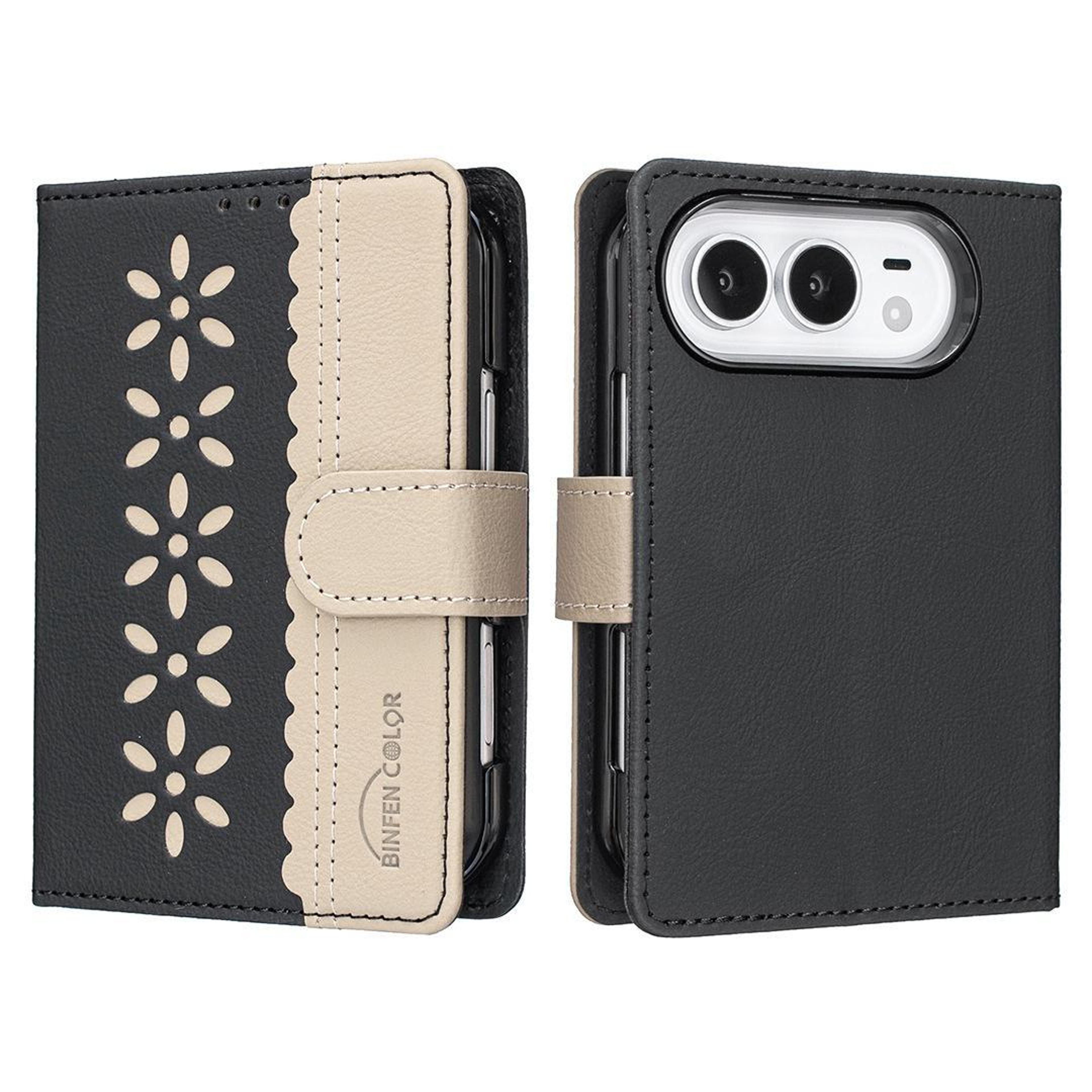 iphone duo rfid leather wallet case with card slots kickstand and floral cutout design