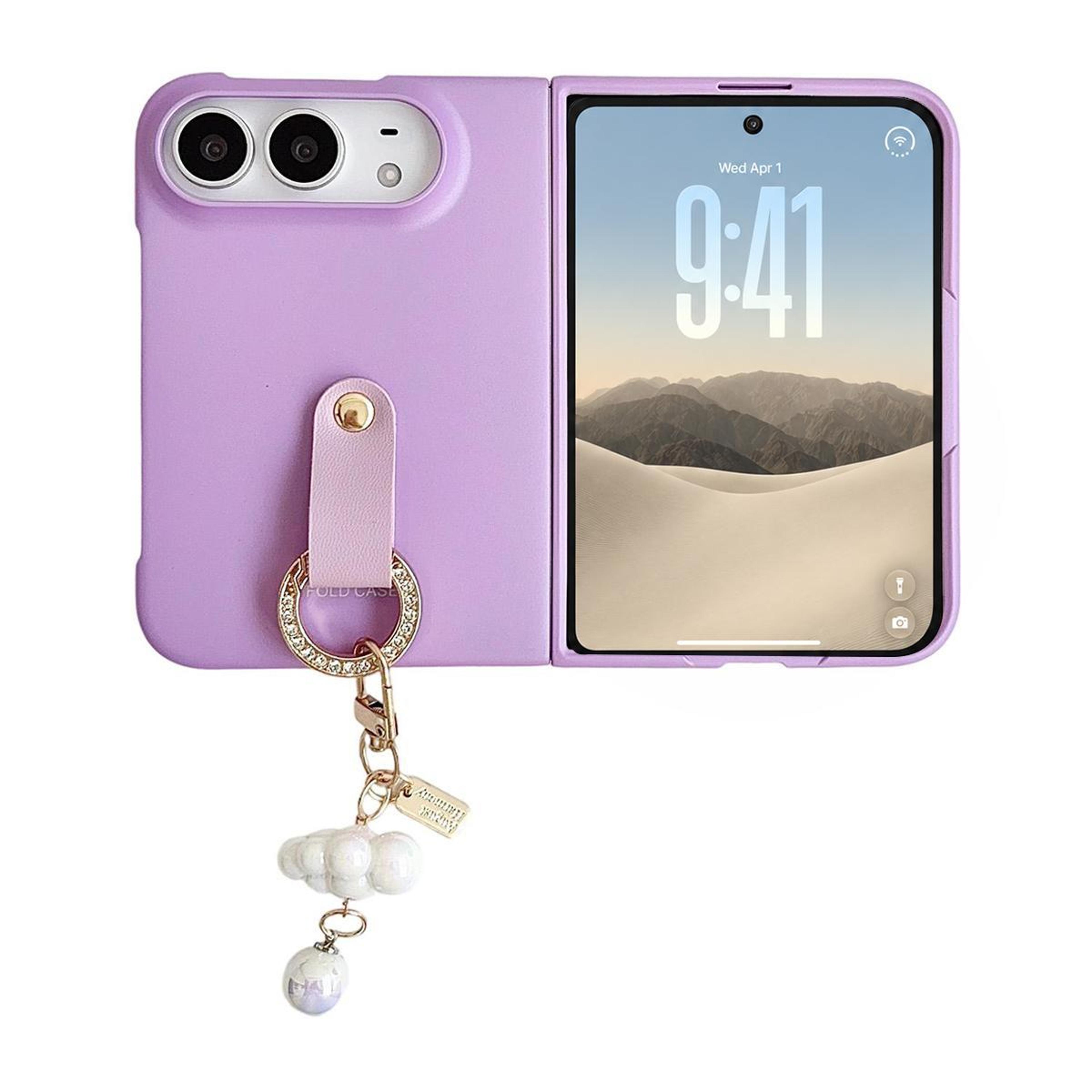 duo cloud pendant folding phone case with hand strap and flip stand