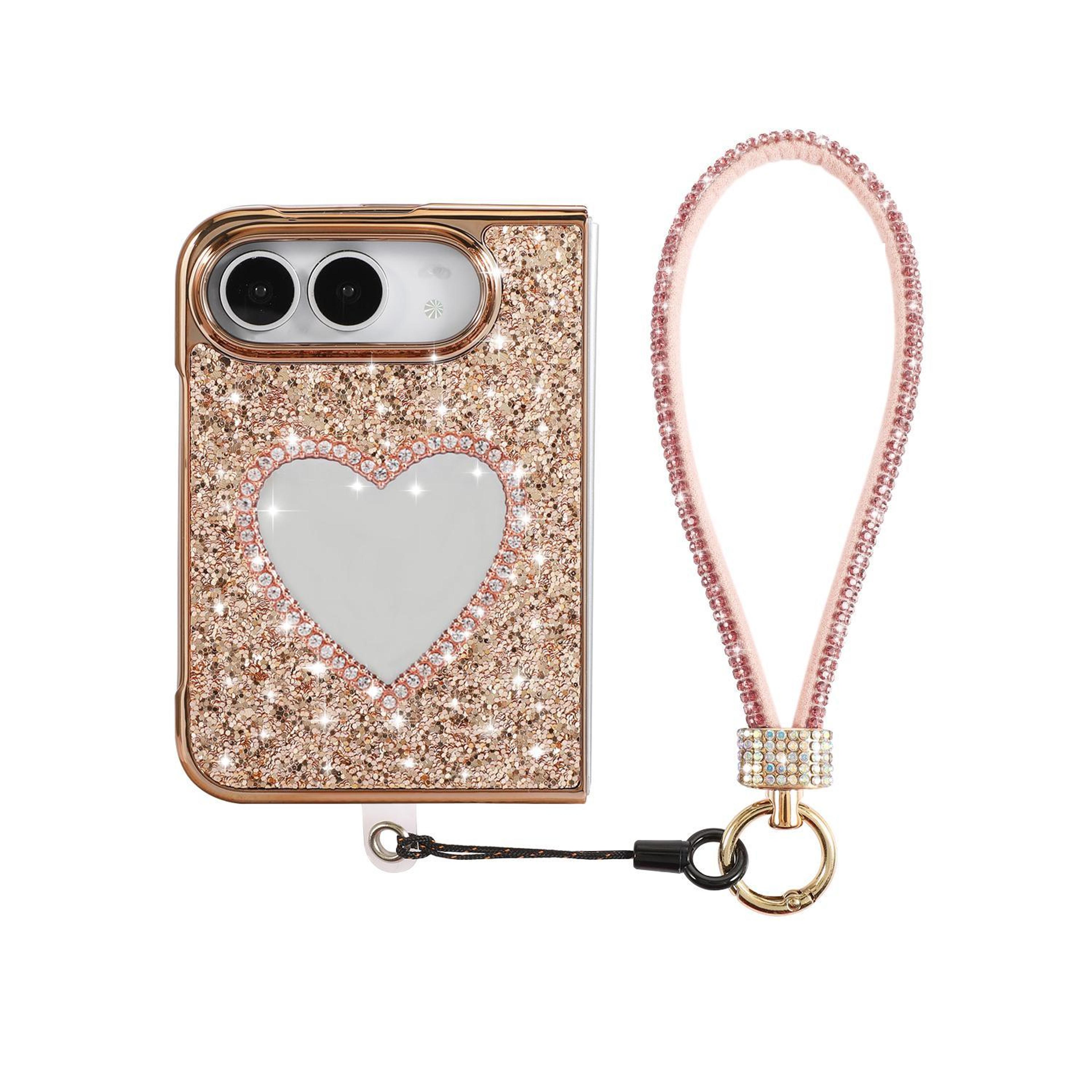iphone duo glitter heart mirror phone case with matching strap rose gold