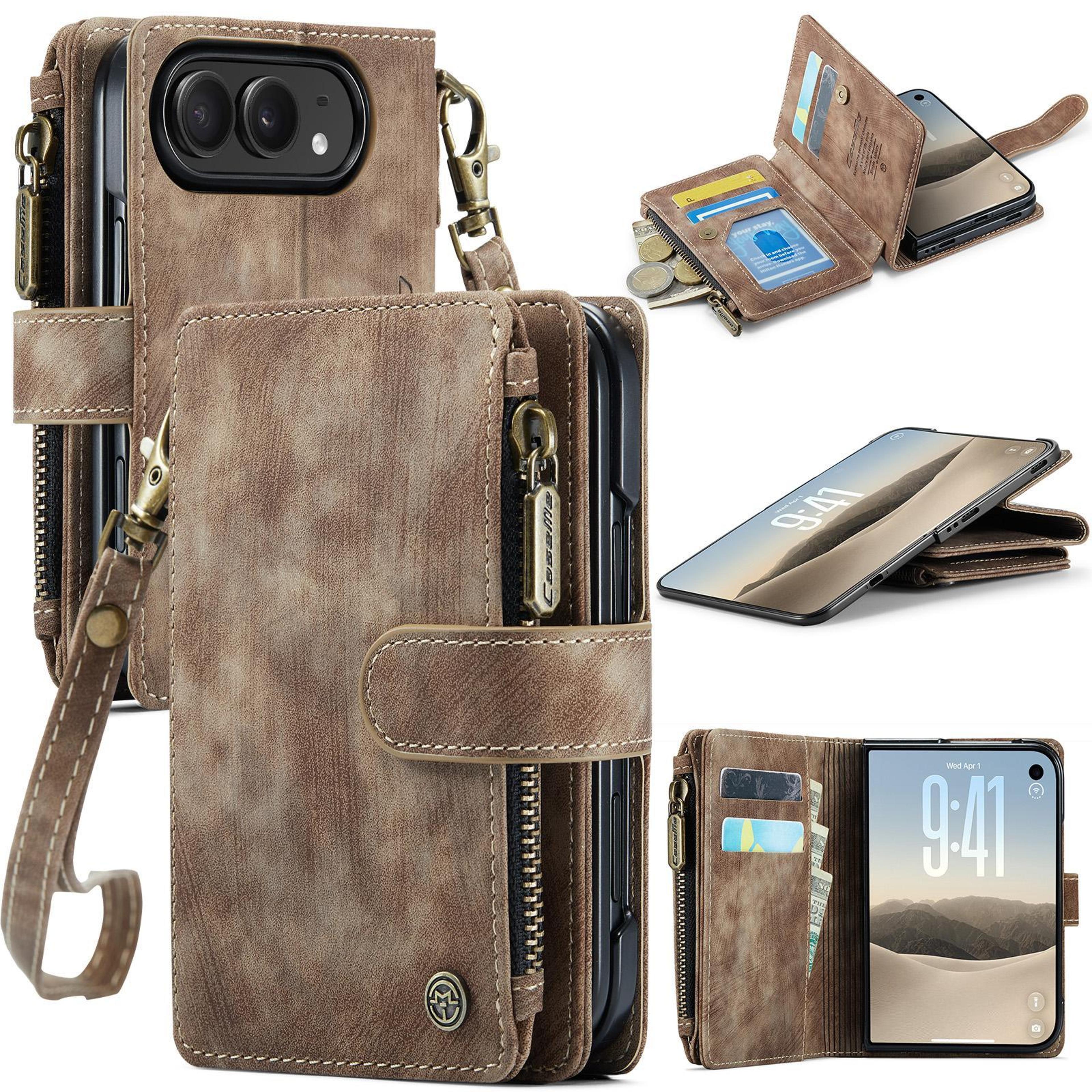 iphone leather wallet case with 10 card slots zipper pocket and kickstand