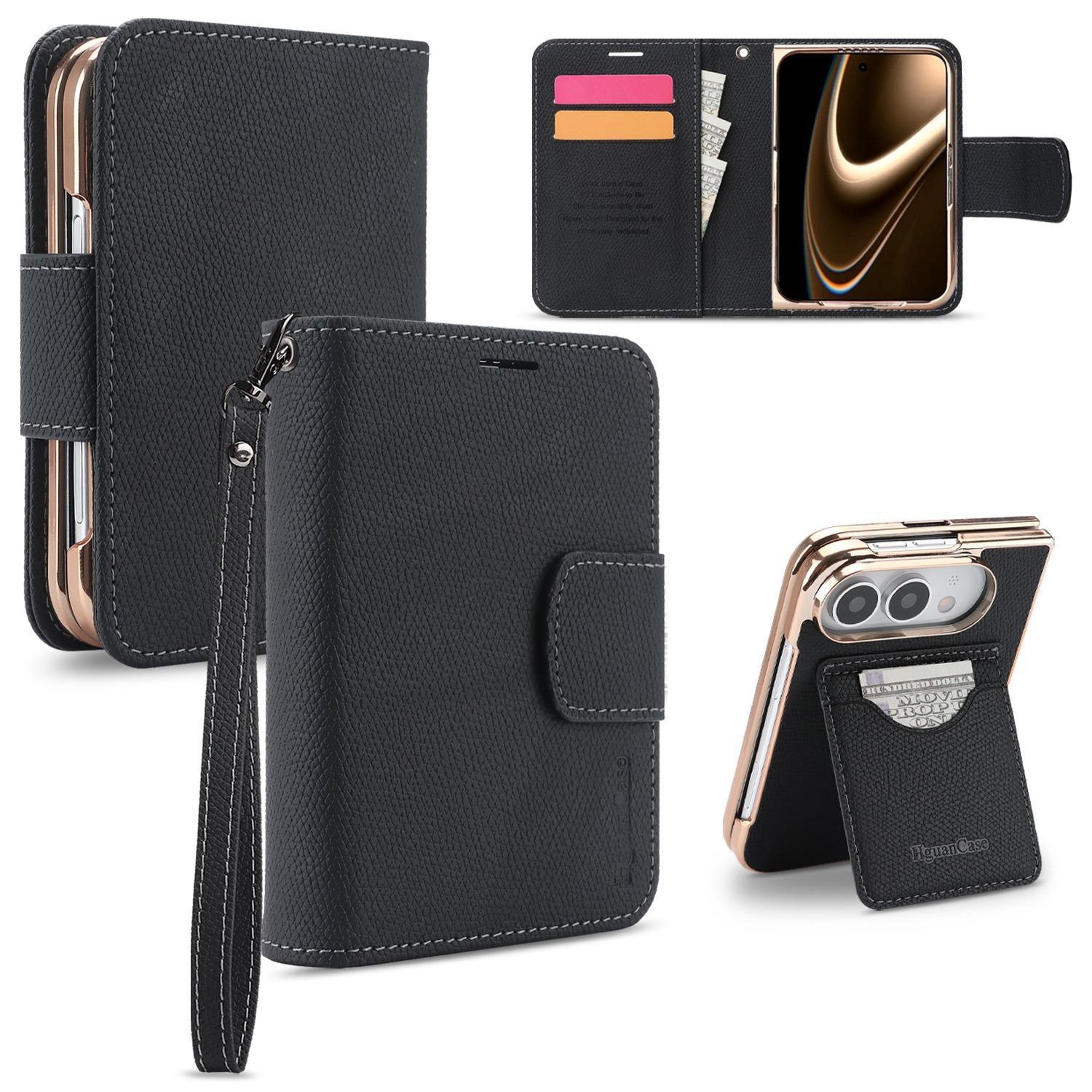 magnetic wallet iphone duo case with card holder rfid shielding and wrist strap