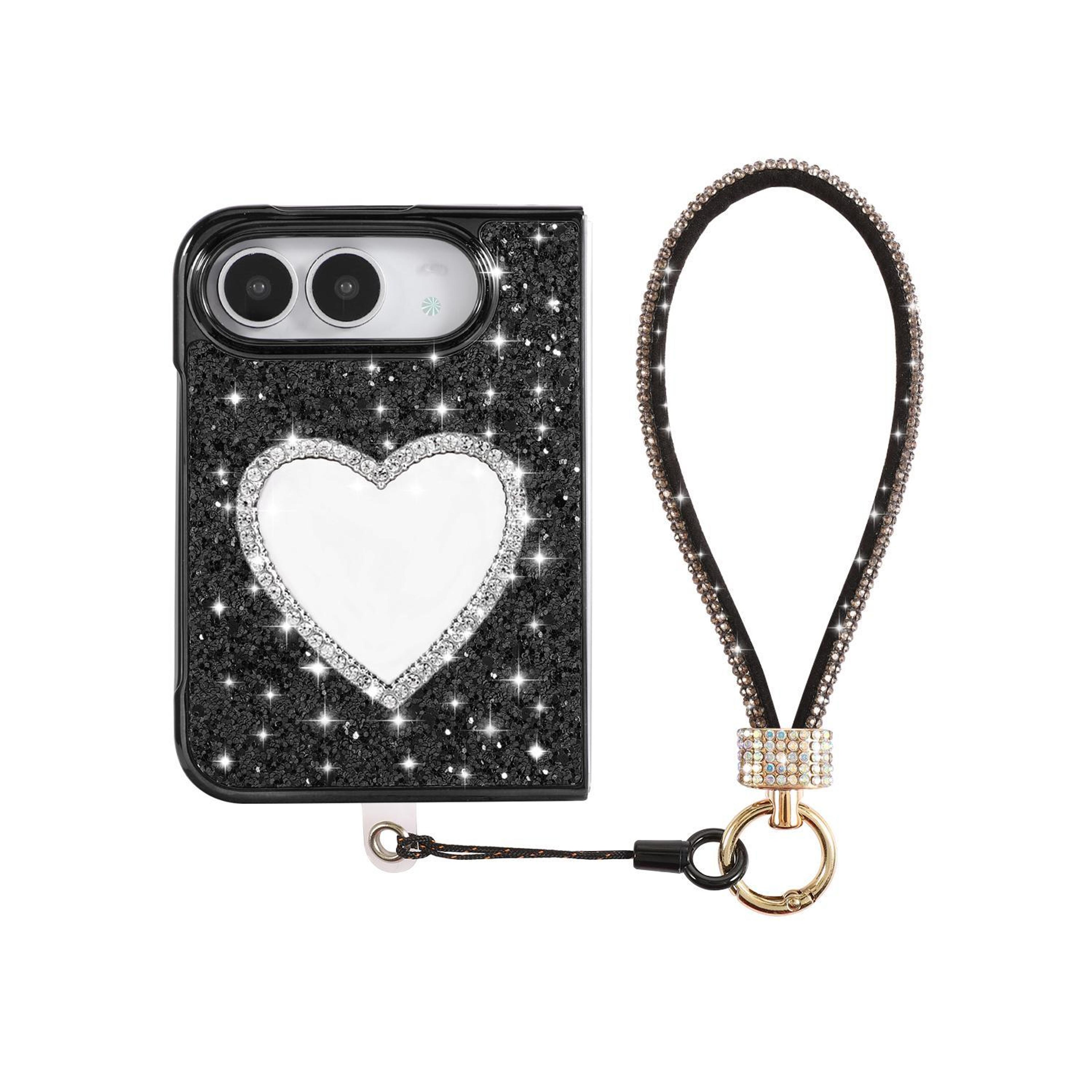 iphone duo glitter heart mirror phone case with matching bracelet strap
