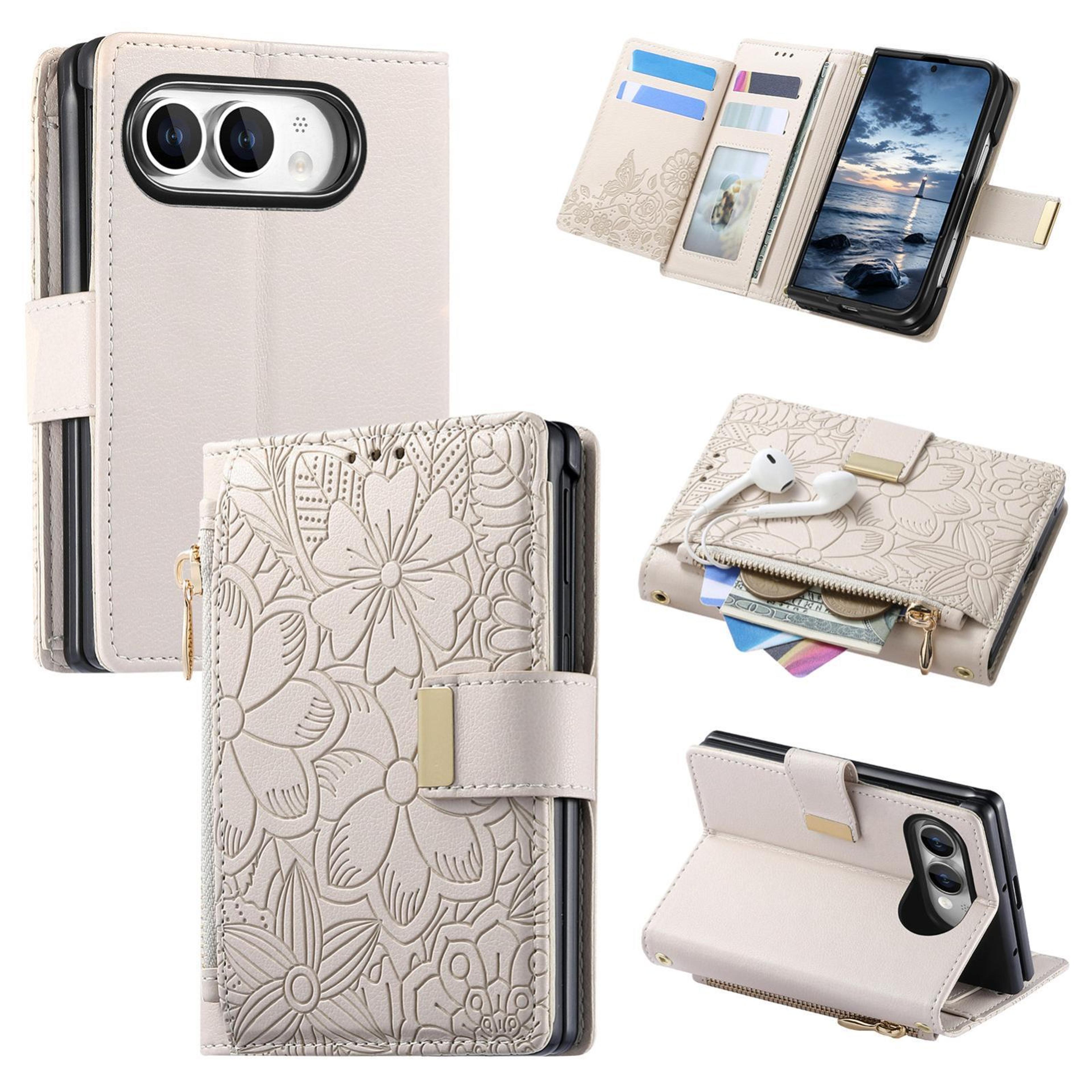 iphone duo floral zipper wallet phone case with card slots and kickstand