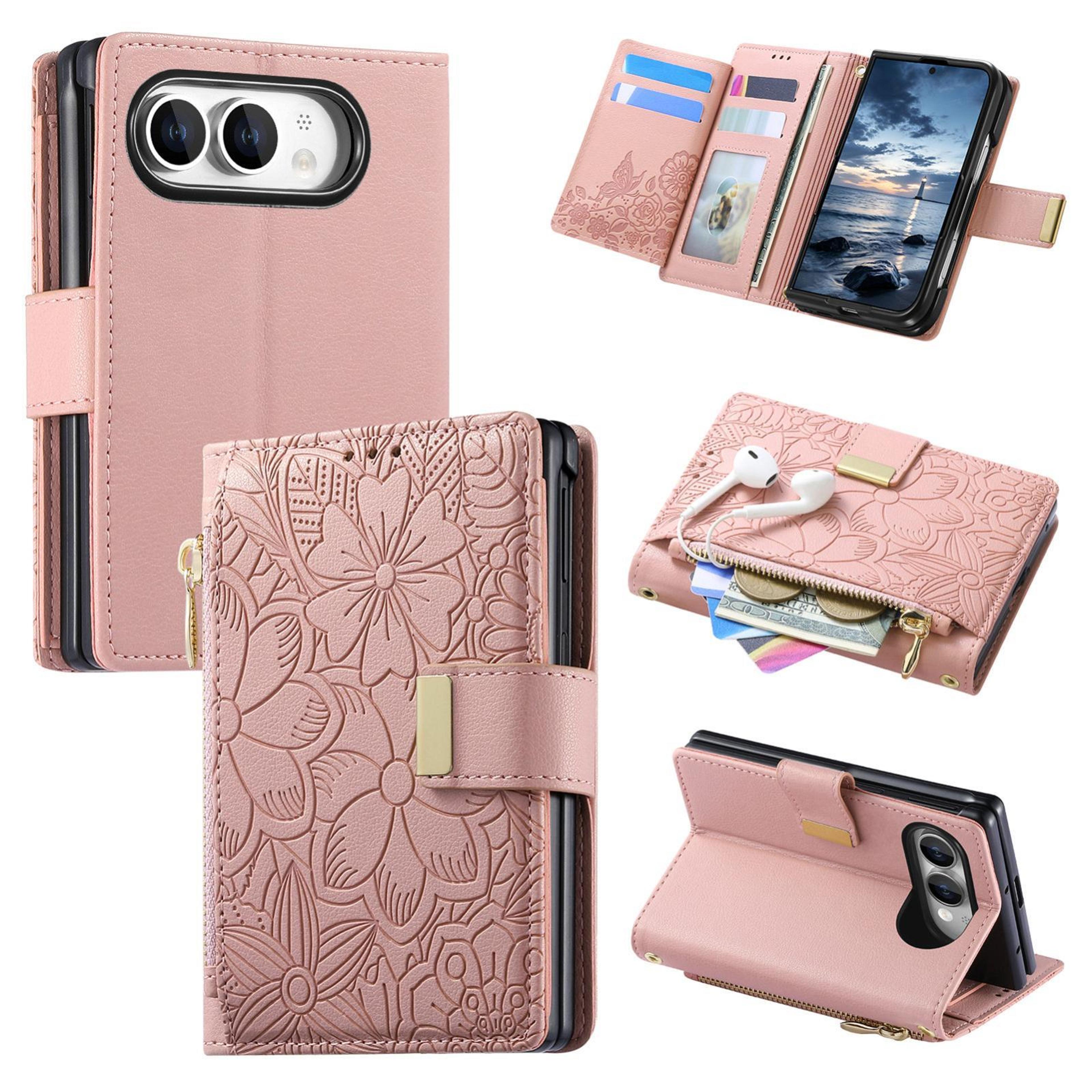 iphone duo floral zipper wallet phone case with card holder and kickstand