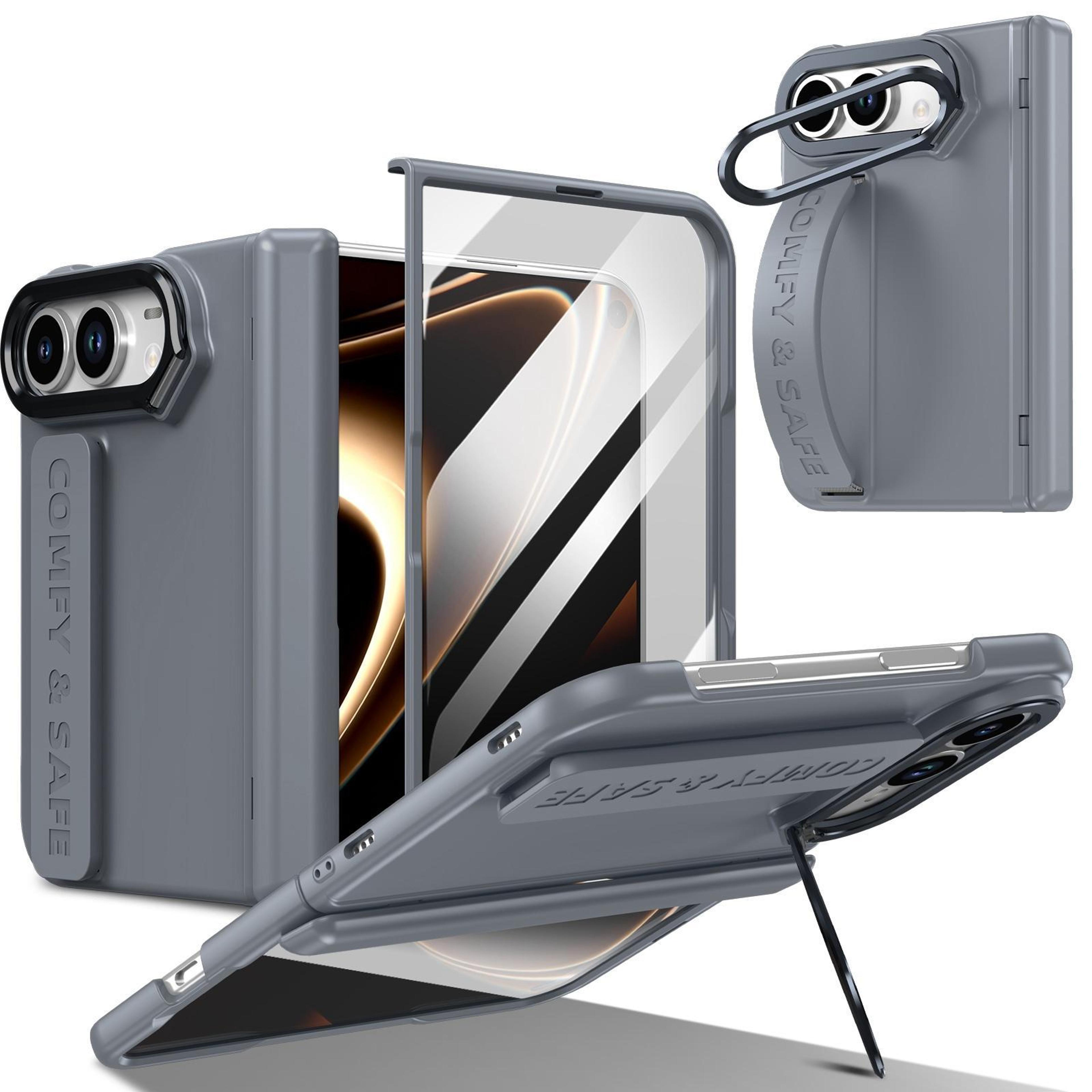iphone duo phone case with 9h tempered film foldable lens frame stand and wristband
