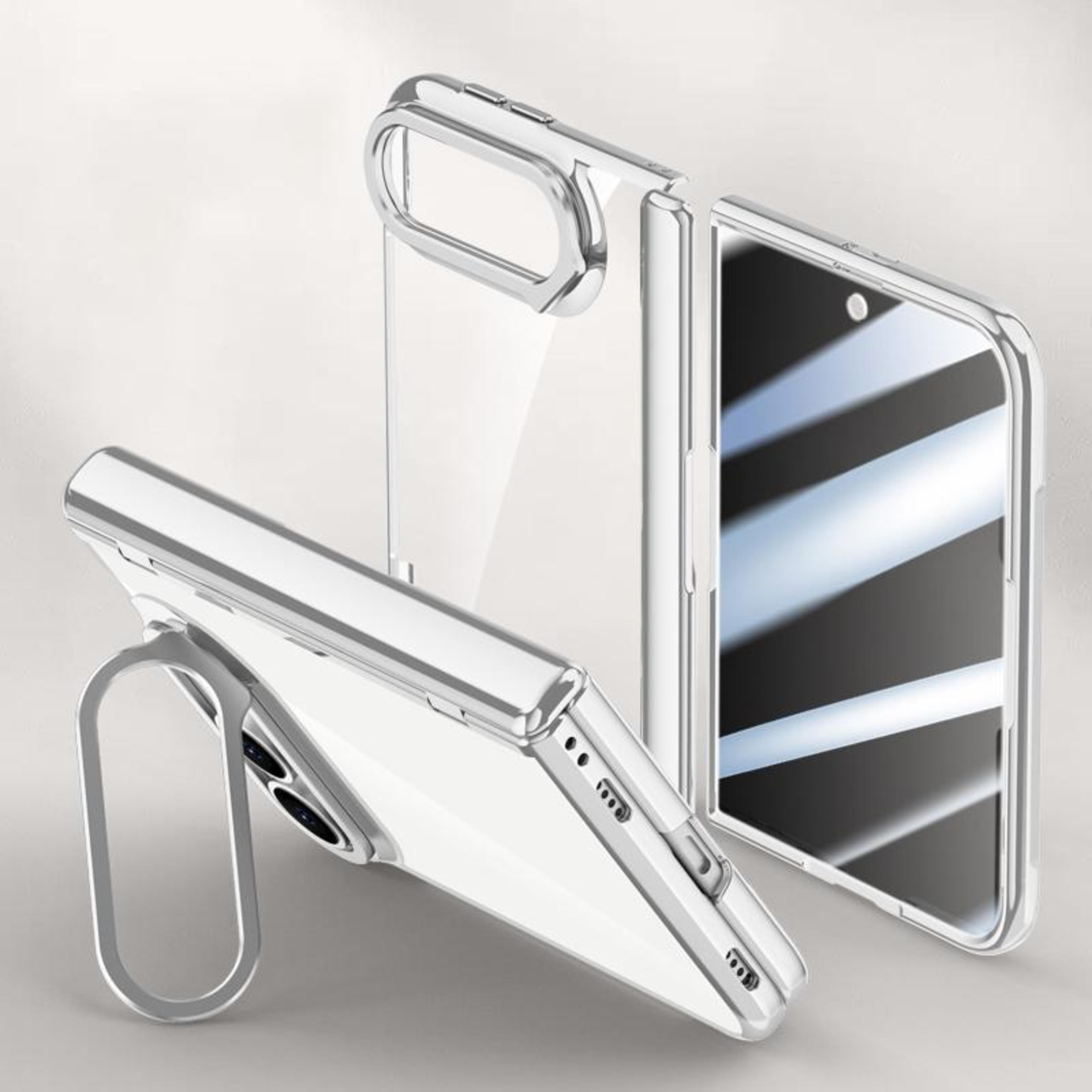 duo foldable phone case with rotating camera stand and tempered glass screen protector