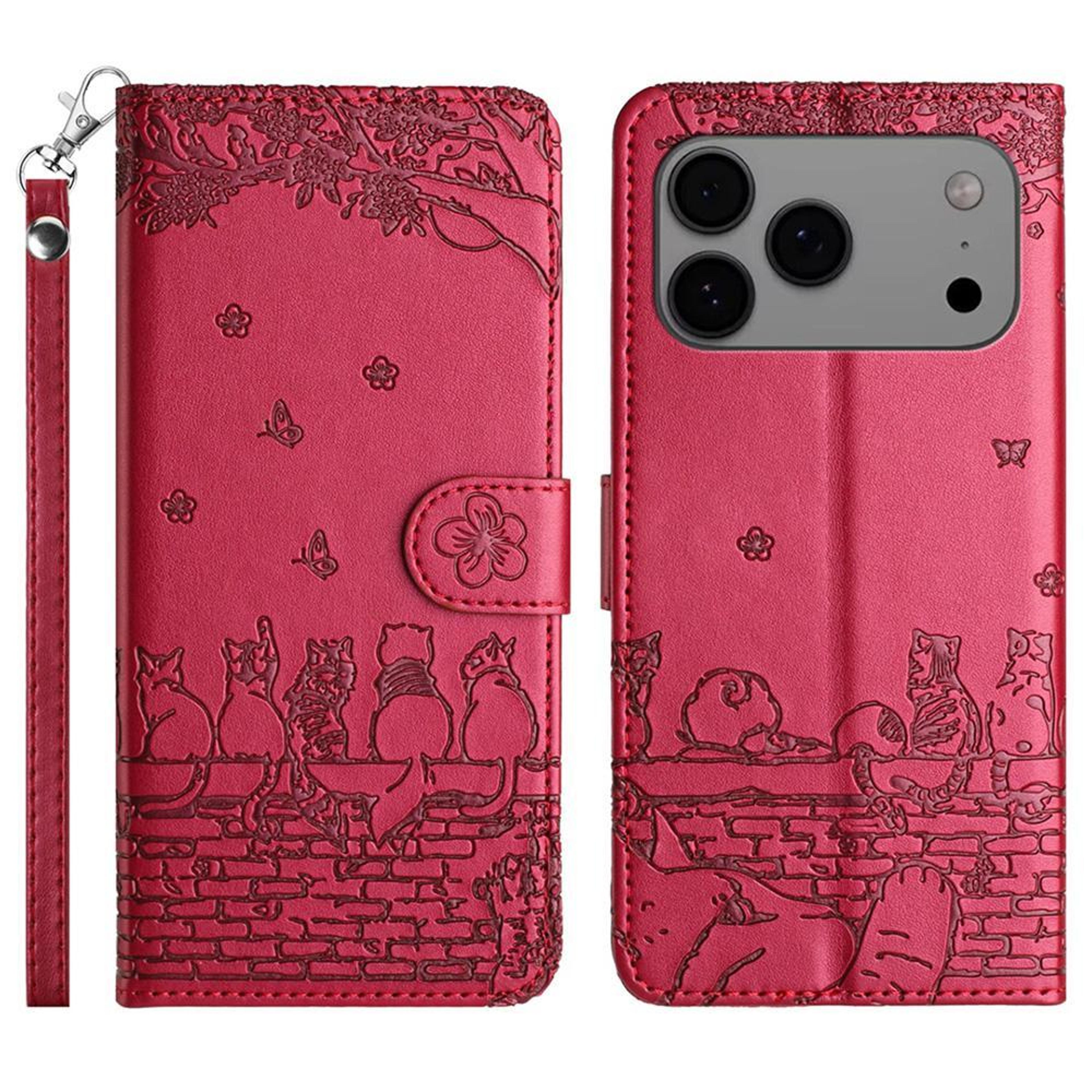 iphone 18 pro cat embossed leather wallet case with lanyard