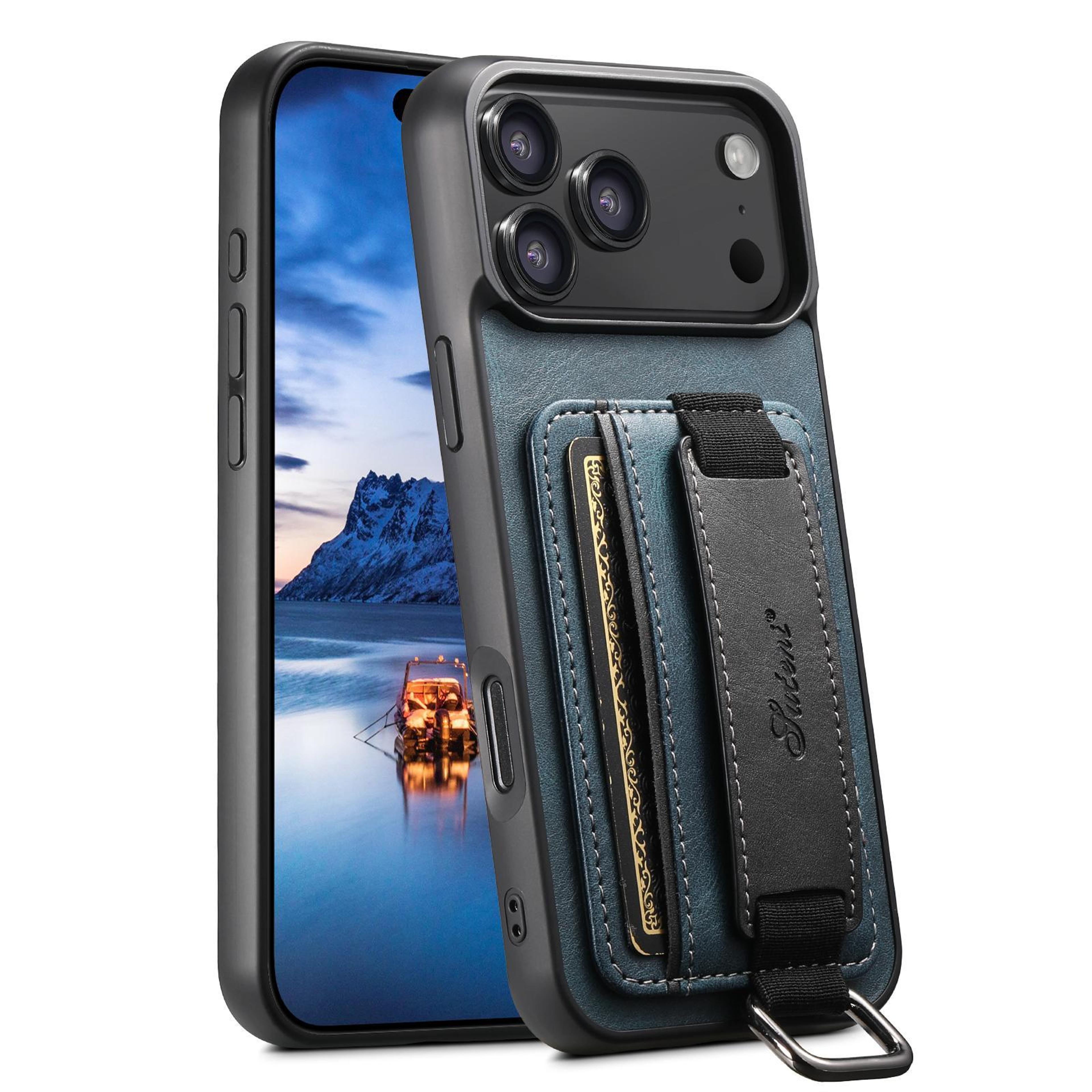 iphone 18 pro card wallet wrist strap pu phone case with tpu corner protection