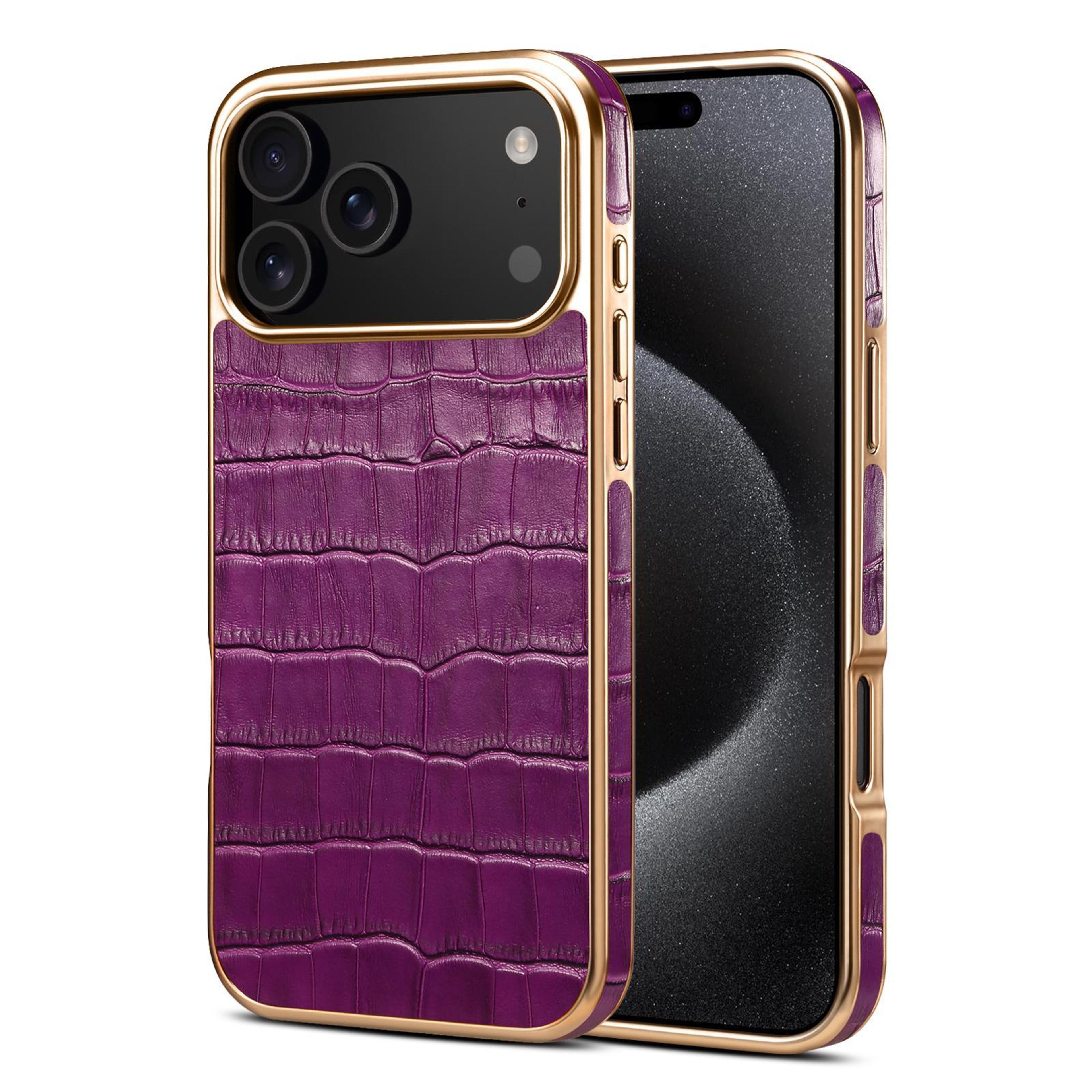 iphone 18 pro max crocodile texture cowhide phone case with rose gold frame
