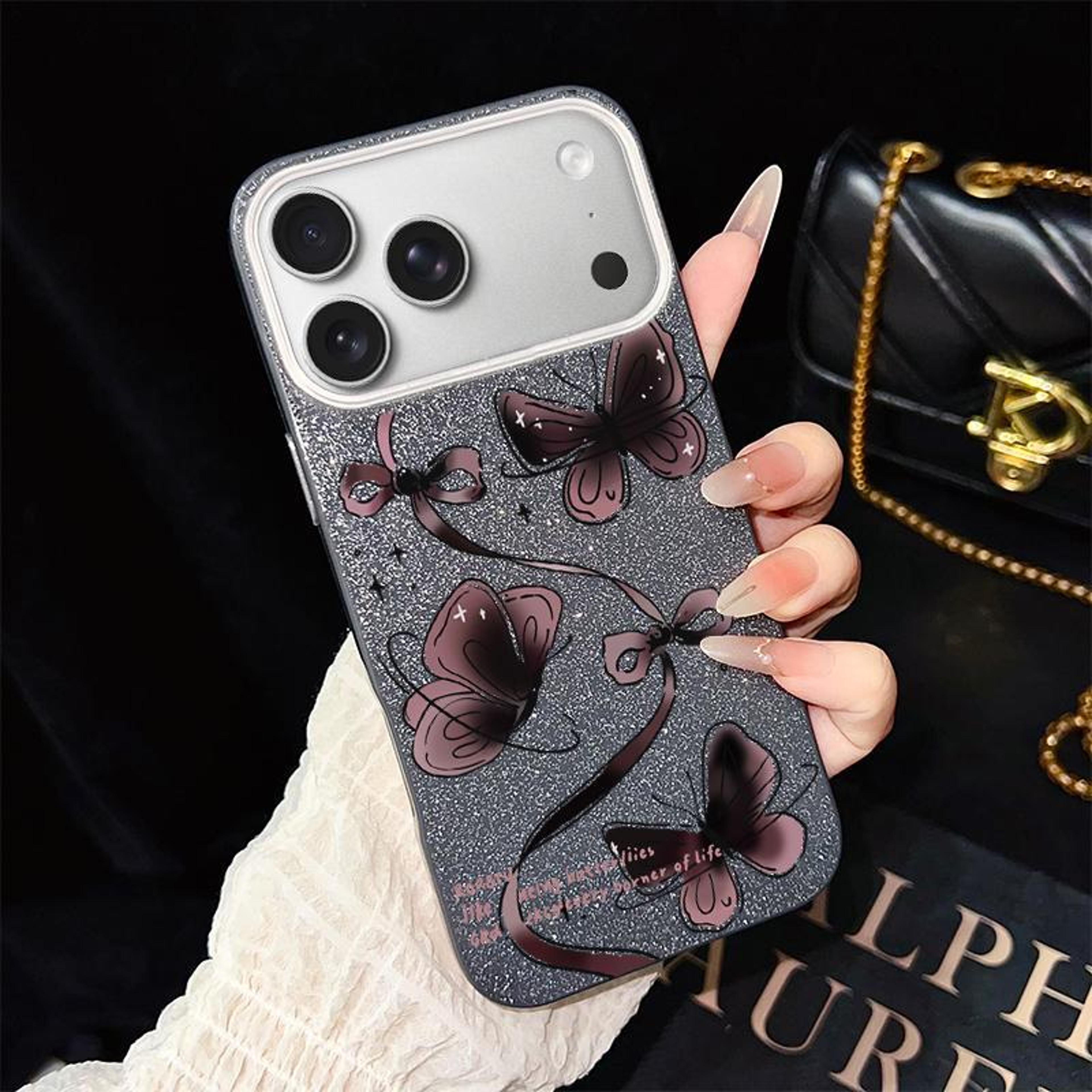 iphone 18 pro max butterfly glitter hybrid pc tpu phone case
