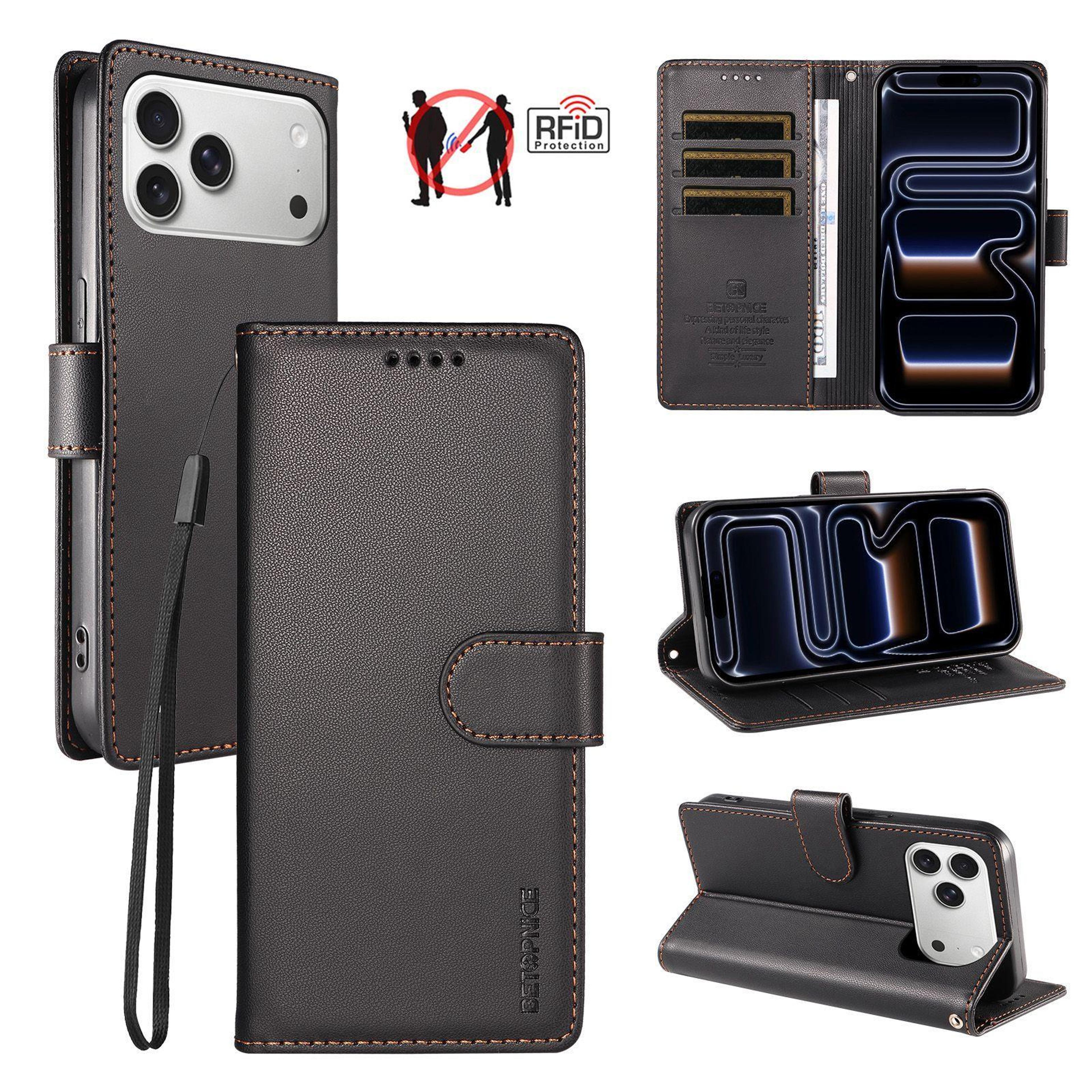 iphone 18 pro max rfid wallet case with card holder stand and hand strap